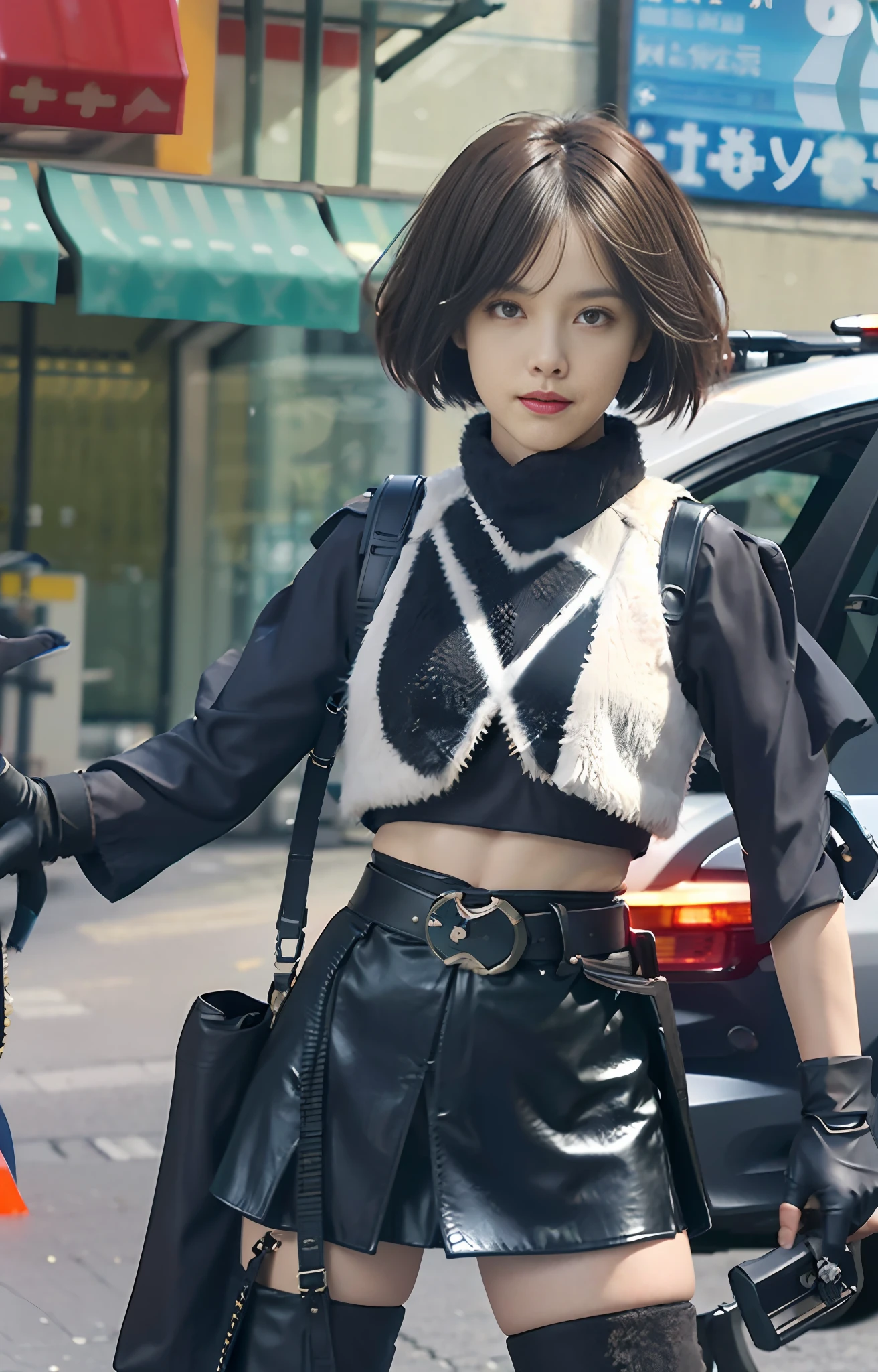 Official art, extremely detailed CG Unity 8k wallpaper, best quality, masterpiece, high resolution, beautiful girl criminal police, short hair, black crop top fur vest, brown belt, pistol holster on thigh, pistol, body armor, tactical gloves, black minileather skirt, police uniform style, black long tube flat boots, police badge on chest, police car