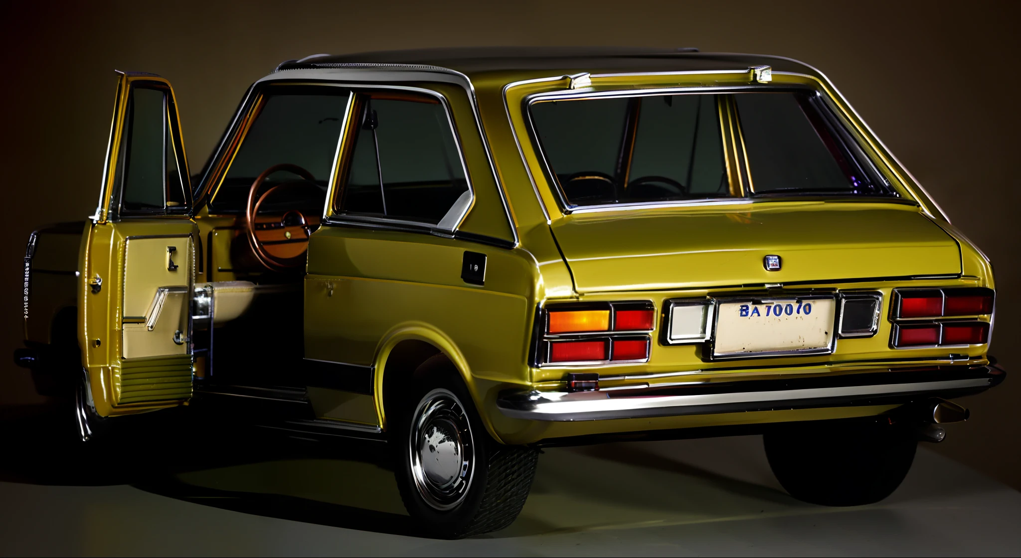 photography, ((photography)), ((photorealistic)), detailed, 8k, ultra-detailed, ((intricate)), car, 1970s, with an open door and a driver's seat, vehicle photography, beige color, vehicle design, complete view of a car, car design, rear photo, Italian, retro line art, 1984, fiat 147, brazilian manufacture