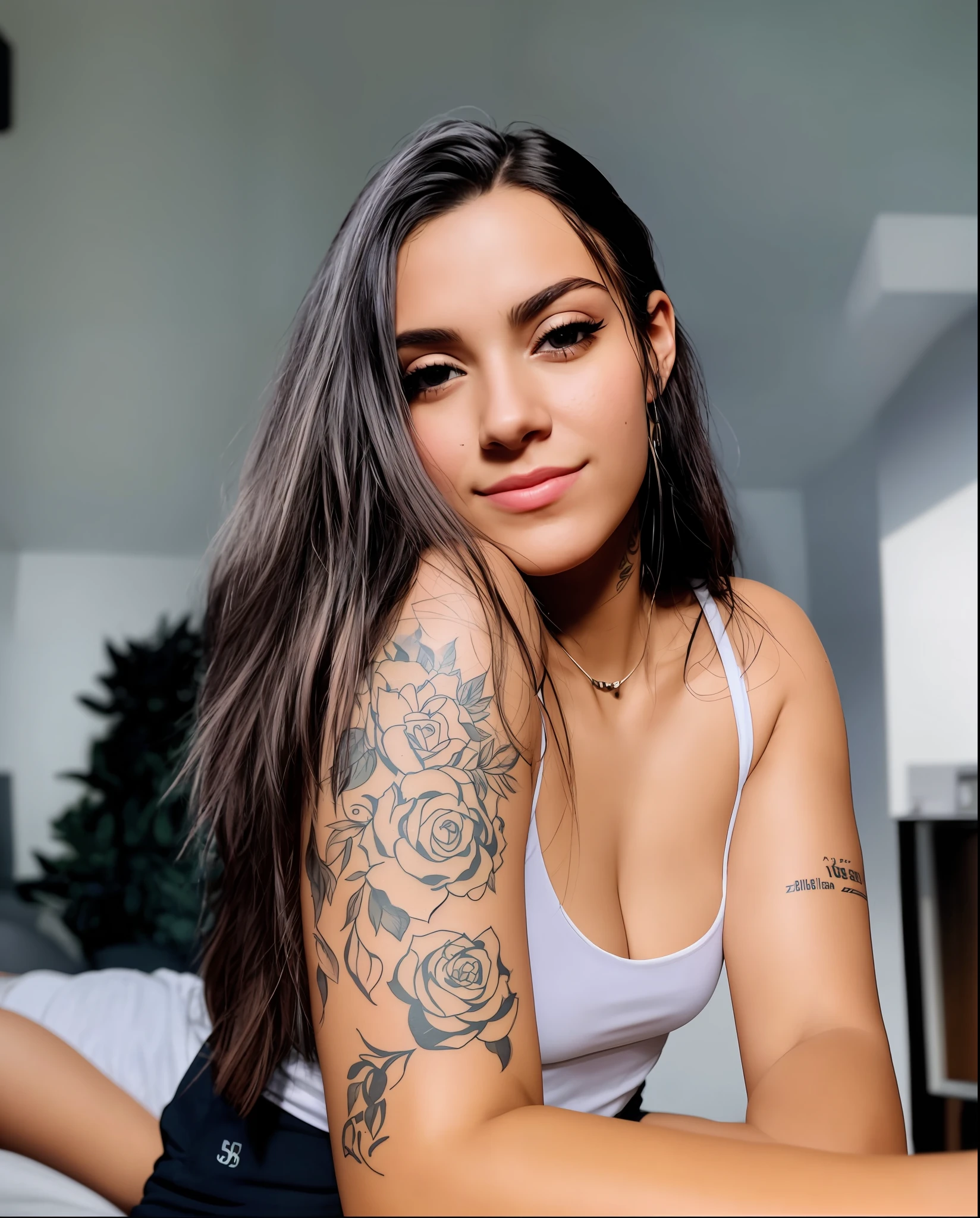 (Keep the image of the original face) There is a woman with a tattoo on her arm and a white tank top, profile picture, Malika Favre, looks like Fabiula Nascimento, with tattoos, Alanis Guillen, Violet Myers, painted, taken on 2 0 2 0, profile picture, headshot profile picture, 23 year old Brazilian woman, Canon EOS 5D Mark IV