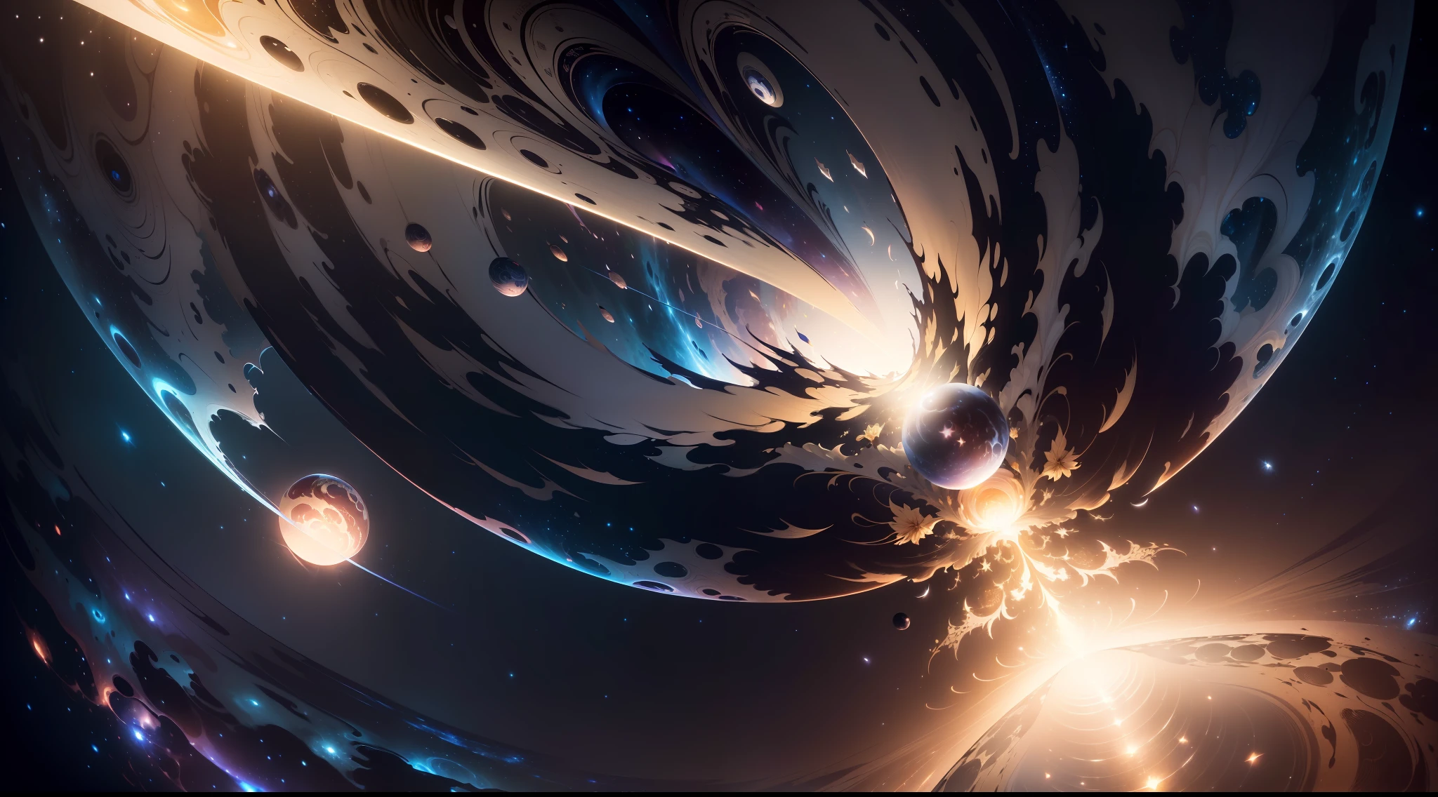 ((REAL)))), ((MASTER))), ((BEST QUALITY)), ULTRA-DETAILED CG Unity 8k wallpapers, incredibly detailed and beautiful illustrations, floating, high resolution, dynamic, dark black background, stellar space, big white shining stars, colorful planets in the cosmic maelstrom, countless small petals fluttering