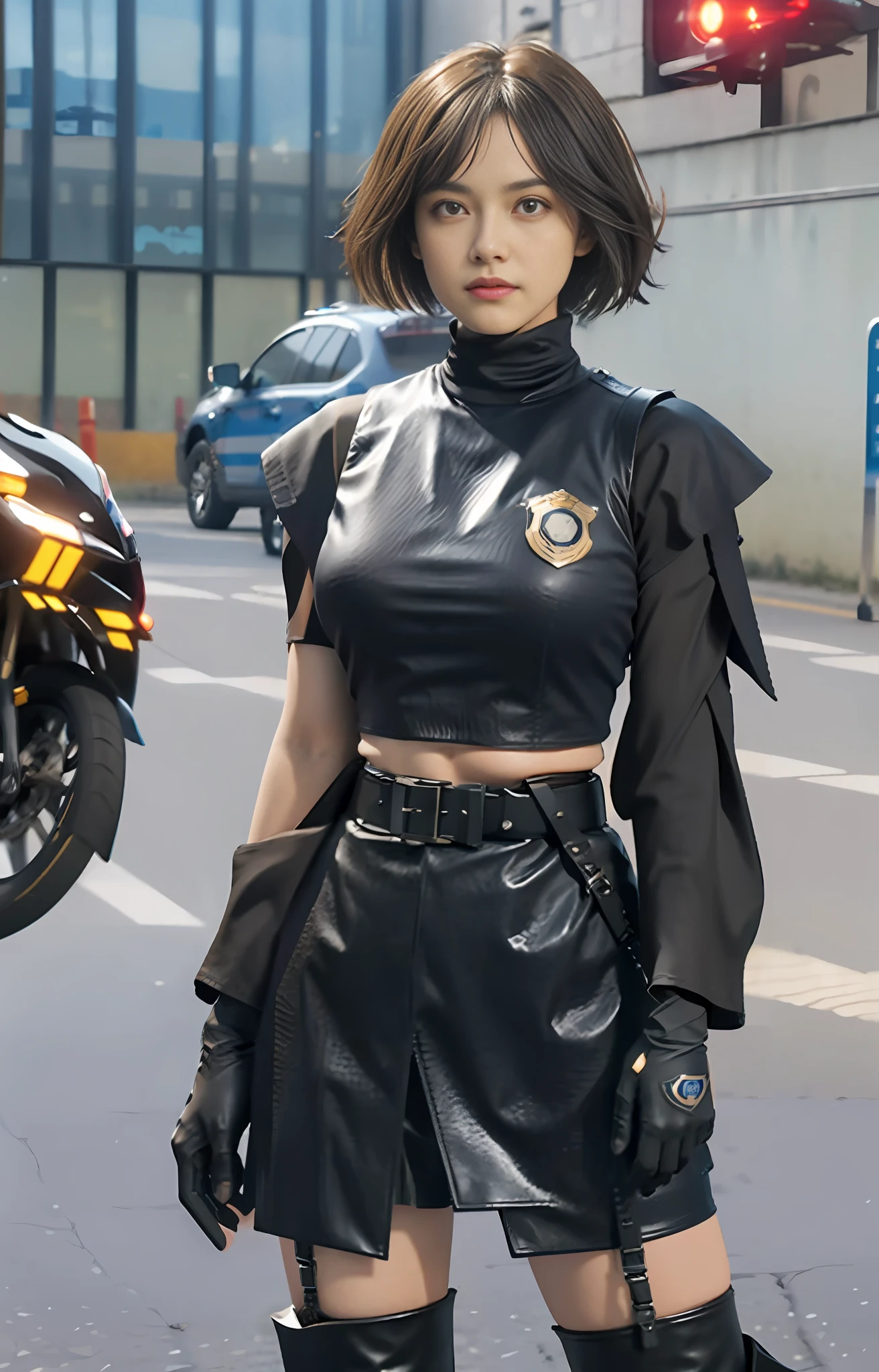 Official art, extremely detailed CG Unity 8k wallpaper, best quality, masterpiece, high resolution, beautiful girl criminal cop, short hair, black crop top vest, brown belt, pistol holster on thigh, body armor, tactical gloves, black minileather skirt, police uniform style, black long tube flat boots, police badge on chest, police car