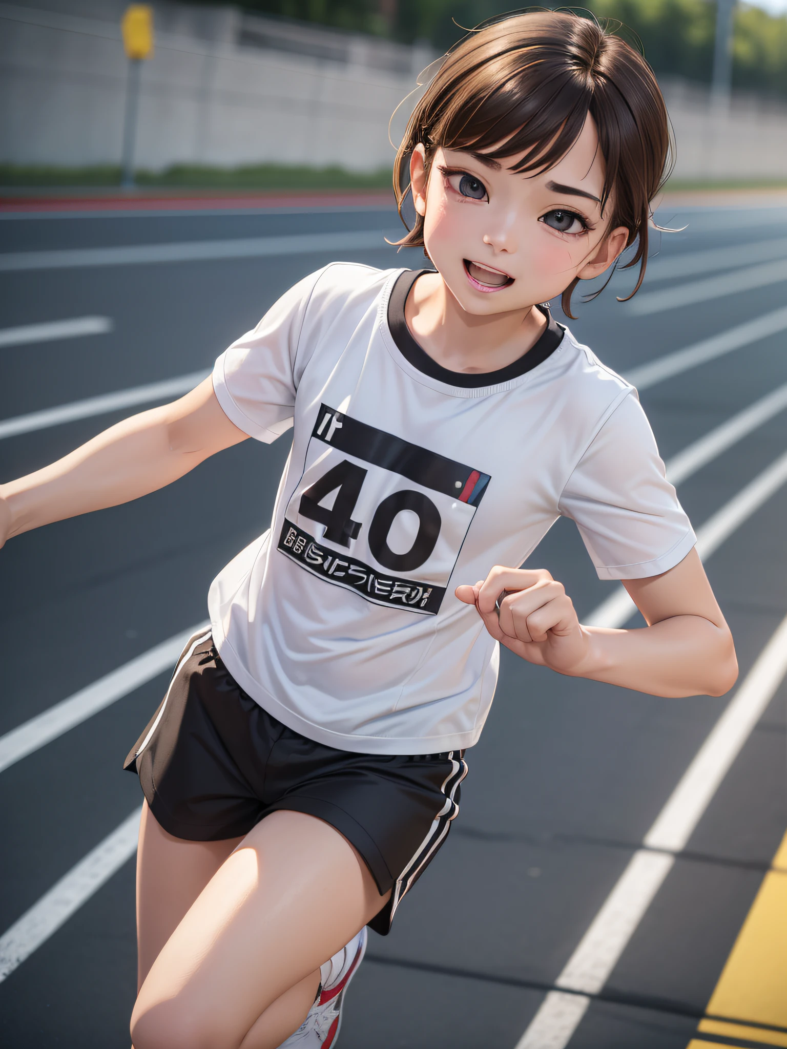 ((masterpiece, best quality)), (complex light), 1boy, full body, solo, , brown hair, white shirt, black shorts, walking, (in the picture ratio 1:2), running track, play with a gas baloom, crossing the finish line, low angle shot, victory, joy, joy, perfect quality, clear focus, (Masterpiece: 1.2) (Realistic: 1.2) (Bokeh) (Best quality) (Detailed skin: 1.3) (Intricate details) (8K) (Detail eyes) (Sharp focus), (Happy)