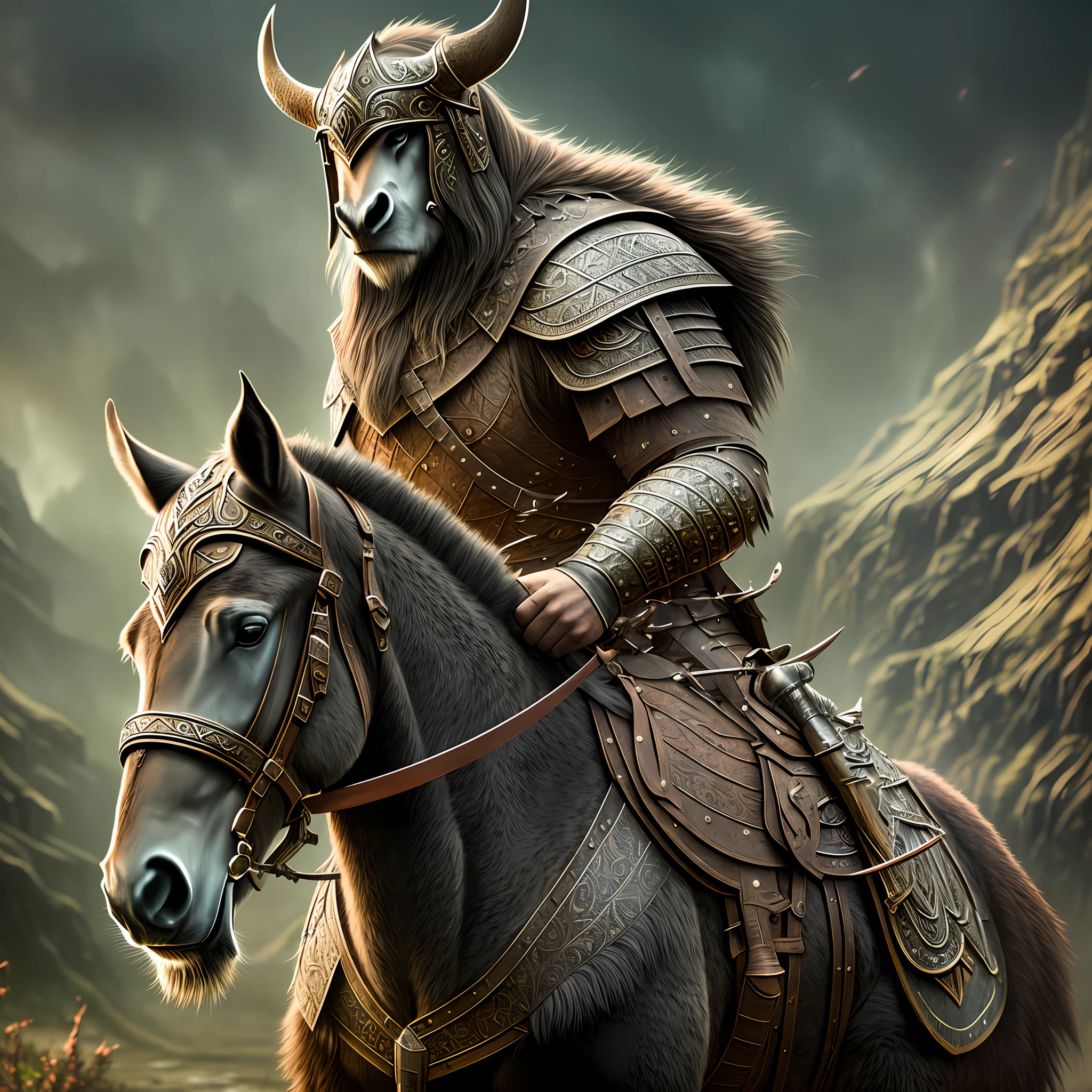 Viking warrior, hyper detailed and ornate leather armor, horse-mounted with hyper detailed dark fur, in artstation forest art, hazy background, realistic epic, rutkowski, hdr, intricate details, hyperdetailed, cinematic, rim light, muted colors: 1.2, dark fantasy, dark and reddish sky, with dark mountains in the background, dark and dangerous atmosphere --auto --s2