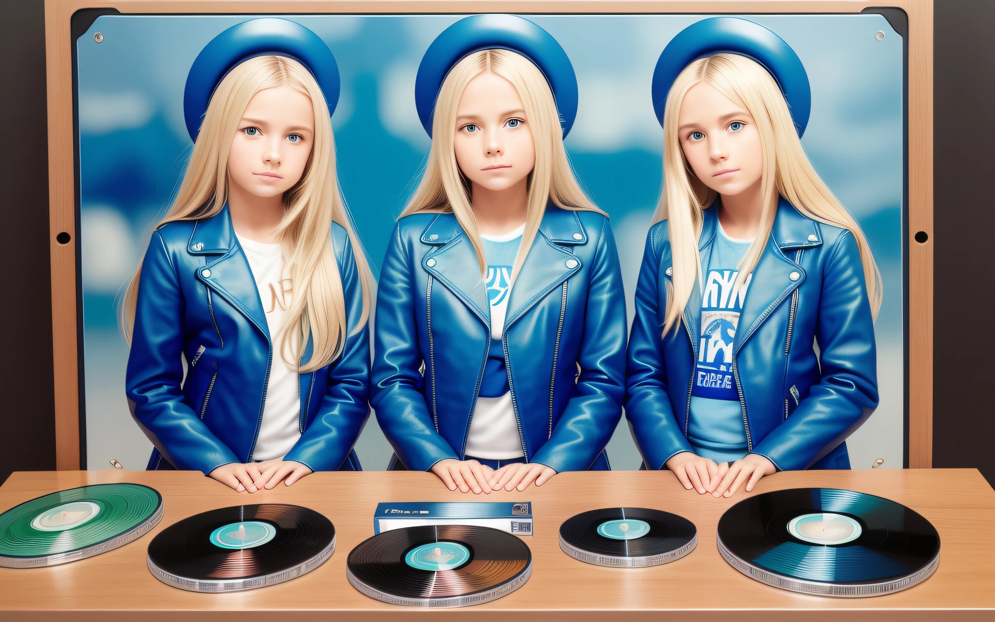 3 BLONDE GIRLS LONG HAIR CHILDREN IN BLUE LEATHER JACKET, A closeup of a CD and a CD box on a table, Packshot, CDs, CD Jacket, DVD Package, Medium Close Shot, Detailed Product Image, Medium Wide Shot, Medium Closeup, Close Medium Shot, New Boards of Canada album cover, soft vinyl, round format, Boards of Canada album cover, BLU - Ray Transfer 5 K, Fujifilm"