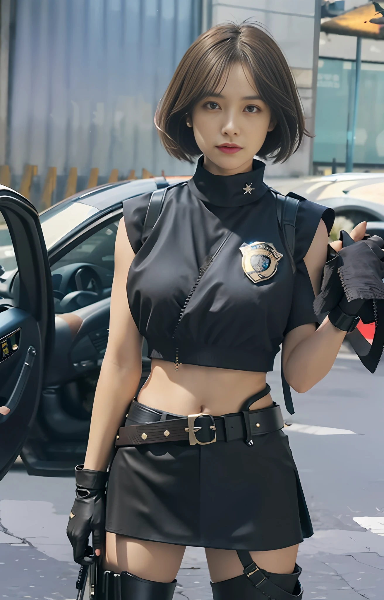 Official art, extremely detailed CG Unity 8k wallpaper, best quality, masterpiece, high resolution, beautiful girl criminal cop, short hair, black crop top vest, brown belt, pistol holster on thigh, body armor, tactical gloves, black minileather skirt, police uniform style, black long tube flat boots, police badge on chest, police car