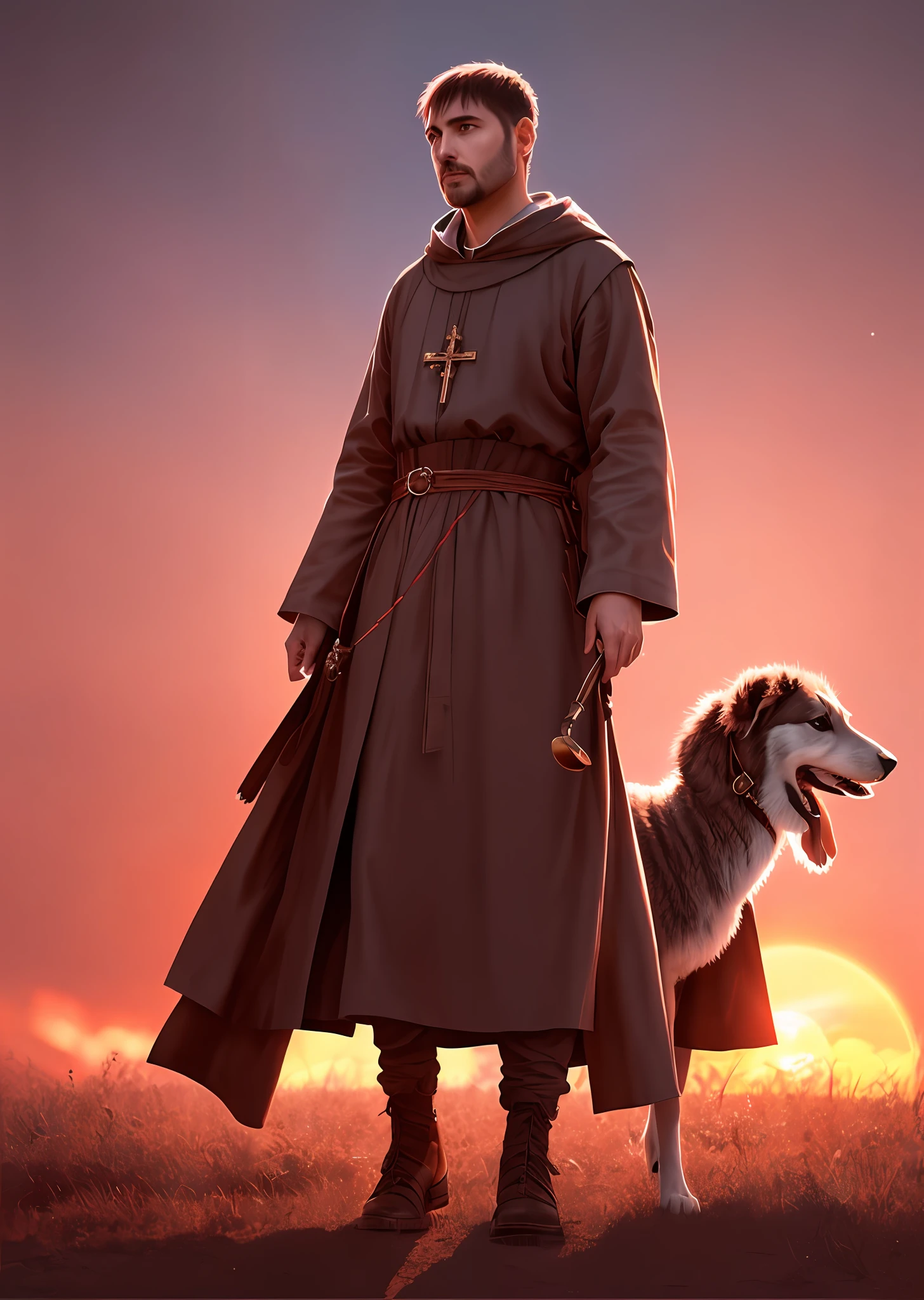 St. Francis of Assisi walking accompanied with various animals, many animals around him, ((multiple animals)), soft expression, streaks of light descending from the sky, masterpiece, high quality, high quality, highly detailed CG unit 8k wallpaper, award-winning photos, bokeh, depth of field, HDR, bloom, chromatic aberration, realistic, very detailed, trend in artstation, trend in CGsociety,  complex, high detail, dramatic, art in the middle of the journey, fuzzy lighting, reddish sunset