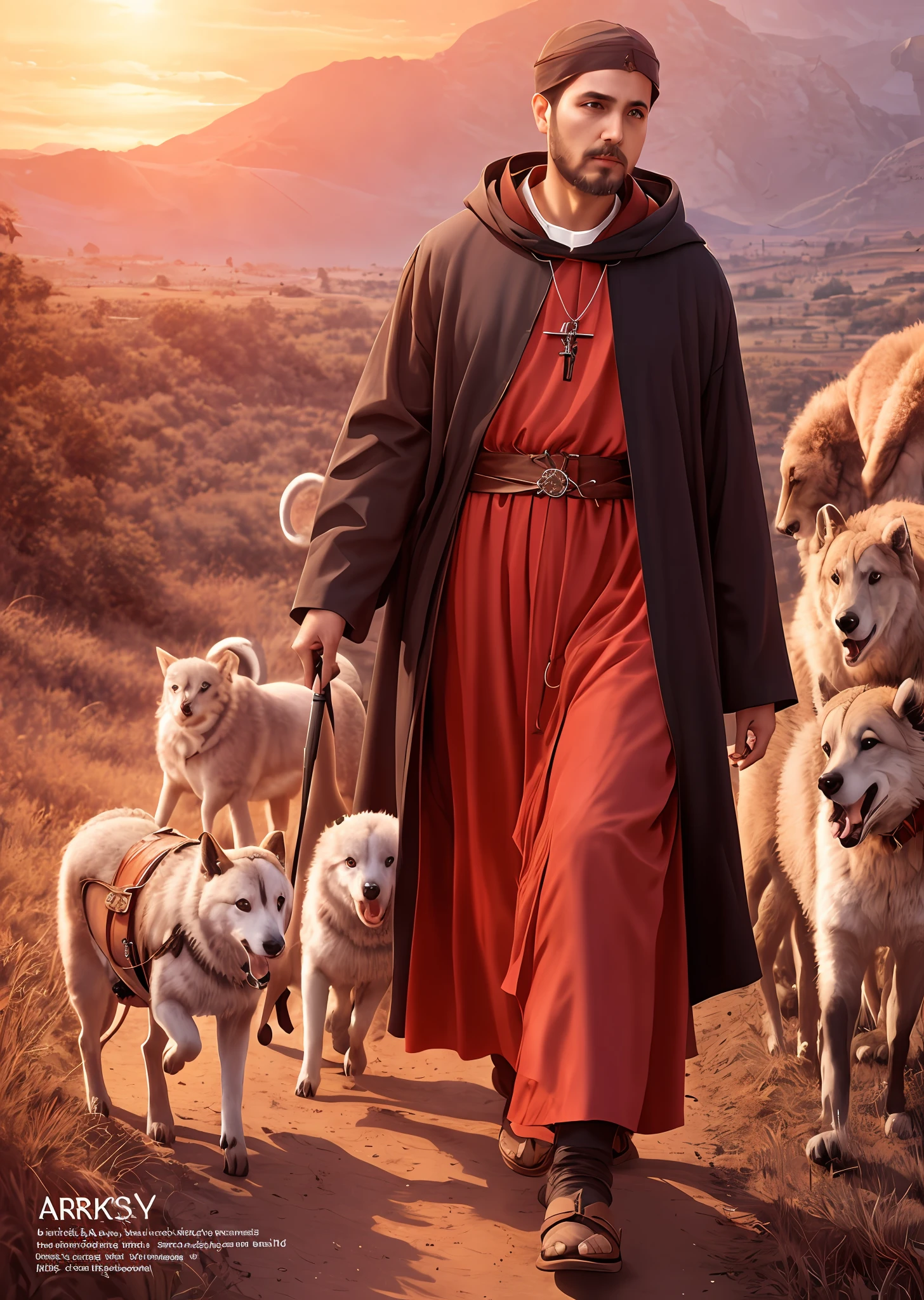 St. Francis of Assisi walking accompanied with various animals, many animals around him, ((multiple animals)), soft expression, streaks of light descending from the sky, masterpiece, high quality, high quality, highly detailed CG unit 8k wallpaper, award-winning photos, bokeh, depth of field, HDR, bloom, chromatic aberration, realistic, very detailed, trend in artstation, trend in CGsociety,  complex, high detail, dramatic, art in the middle of the journey, fuzzy lighting, reddish sunset