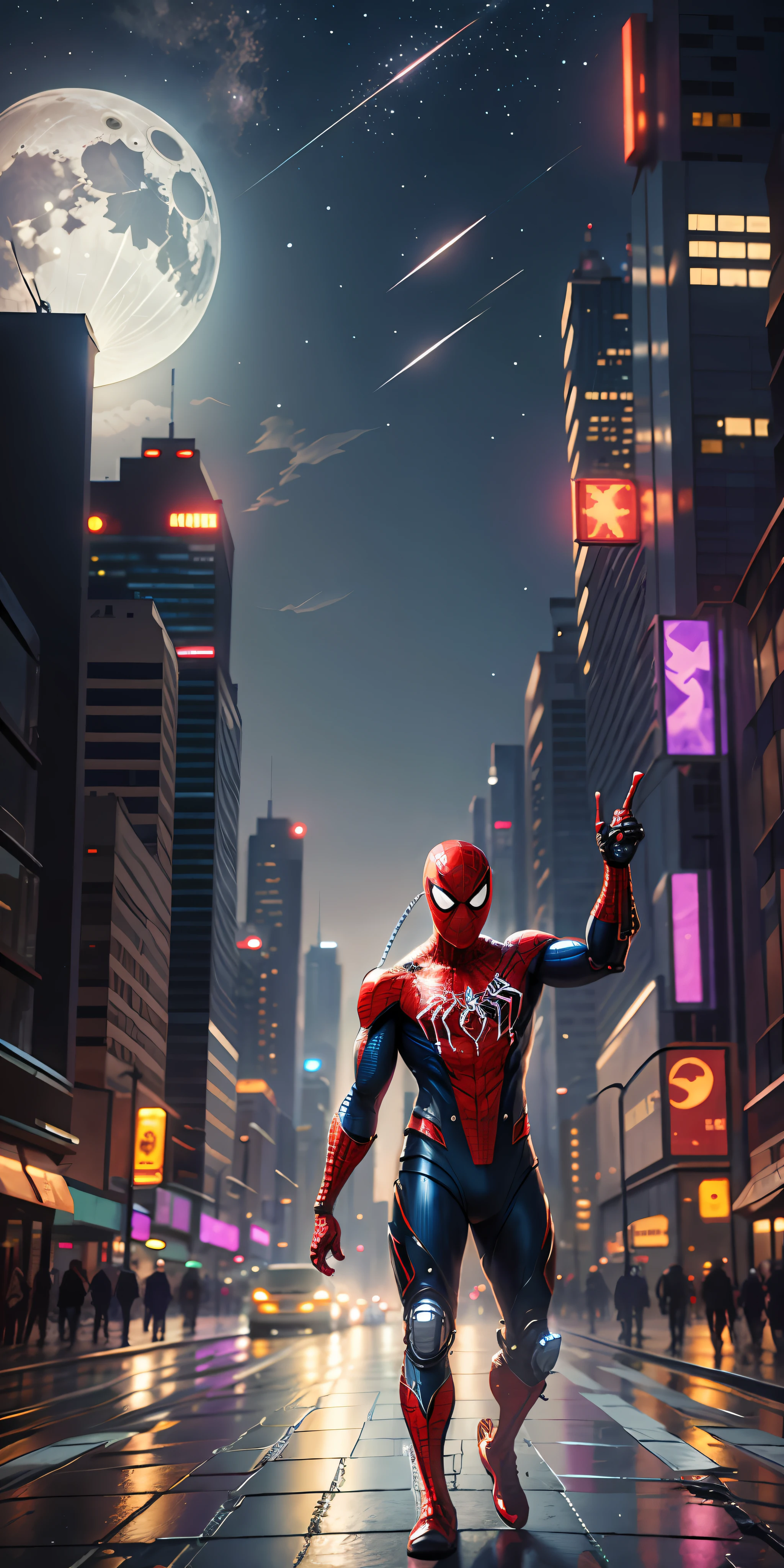 Spiderman with cyberpunk armor, well detailed, realistic, with powers in hand, cyberpunk city, moon, night, 16k, best quality,
