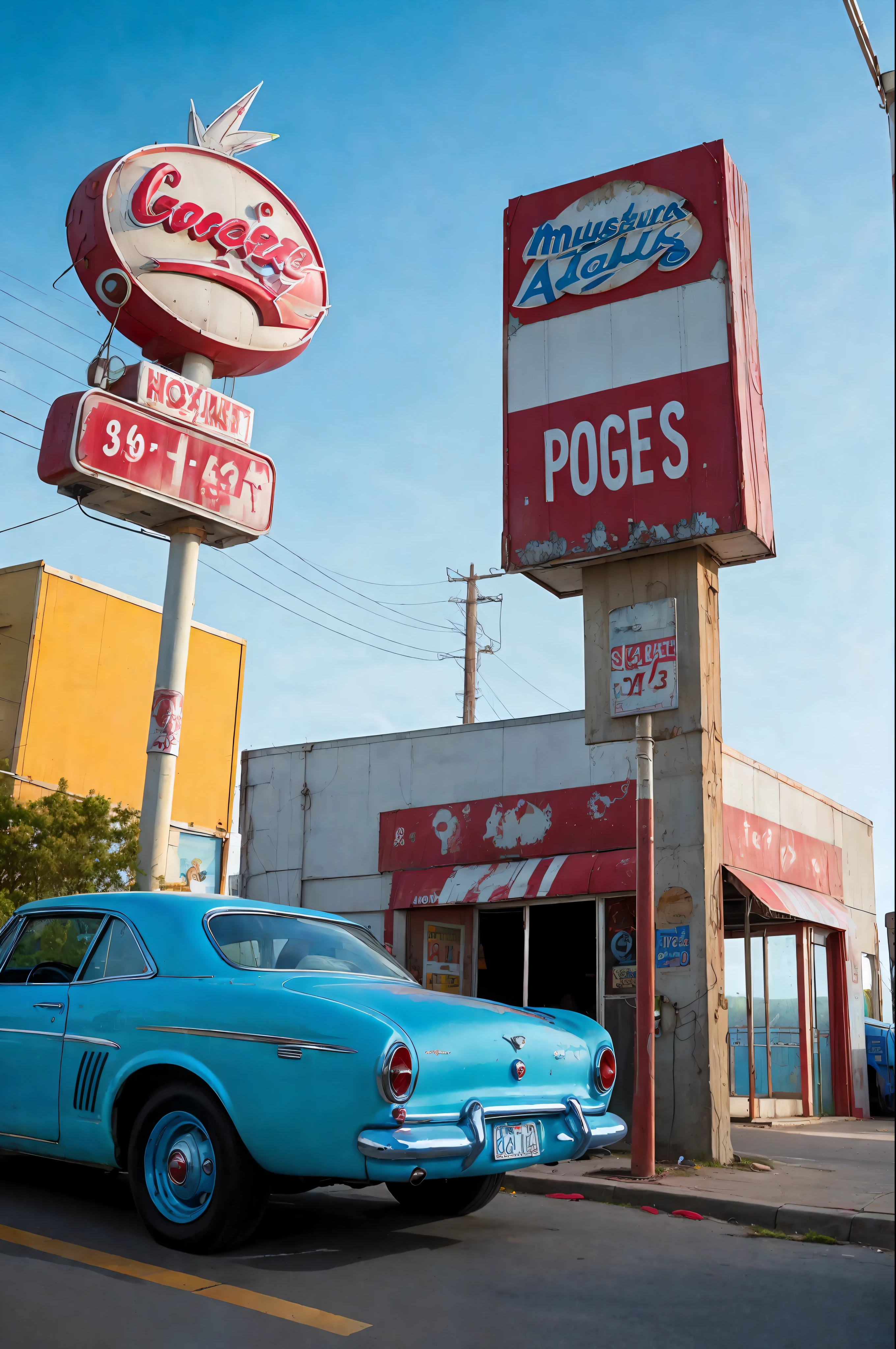 cars around abandoned gas station sign made from a rocket beautiful blue sky Clutter-Home (AtomPunkStyleSD15:1.0), (masterpiece:1.2) (photorealistic:1.2) (bokeh) (best quality) (detailed skin) (intricate) (8k) (HDR) (cinematic lighting) (sharp focus)