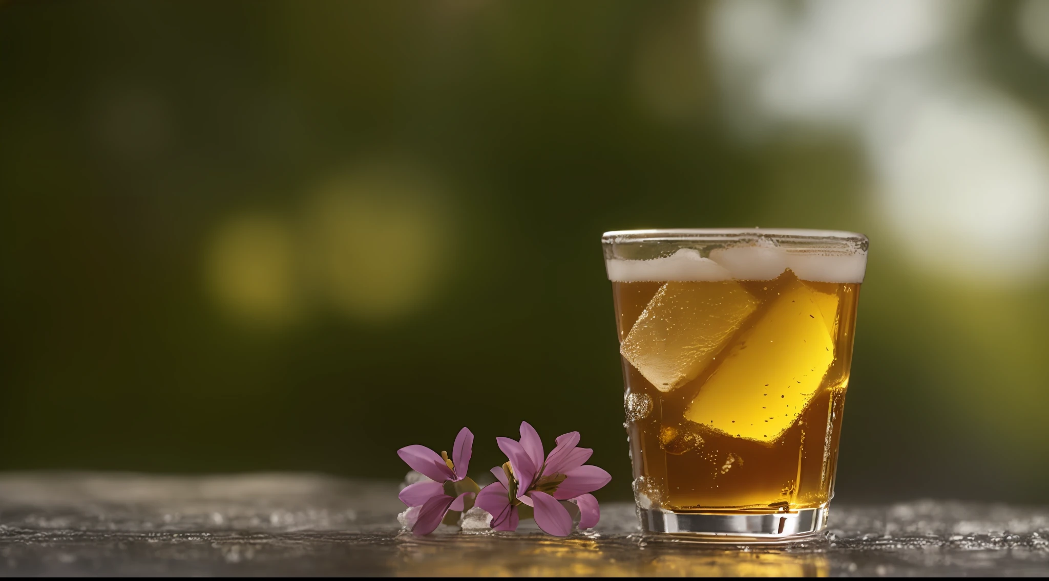 glass of kvass with ice, dripping water drops on glass, translucent liquid, ice cubes, wreath of wild flowers on picnic tablecloths, bright sun, midday outdoor lighting, open air, natural background, summer day, hot weather, high detail, very humid humidity, high brightness, wet watermarks, overdetail, super detail superdetailing, surrealism, soft light, studio lighting, diffuse soft light, shallow depth of field, sharp focus, bokeh effect, highly detailed glass reflection, ultra-thin (superfine, ultra-thin) (thin, fine, ultra-detailed), cinematic, surrealism, armature, best quality, ultra-high resolution (photorealistic: 1.4), high resolution, detail, raw photography, clear reproduction, stock camera, realistic texture, dramatic lighting, unreal engine, popular on artstation, macro