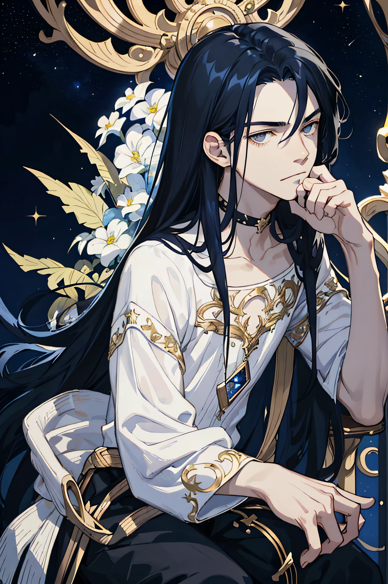 Masterpiece, best quality, teenager, male, long dark blue hair, straight hair, qi bangs, white skin, indifferent expression, intricate details, delicate princess dress, bare skin, dark night, starry sky, stars, black, blue, gold, black background