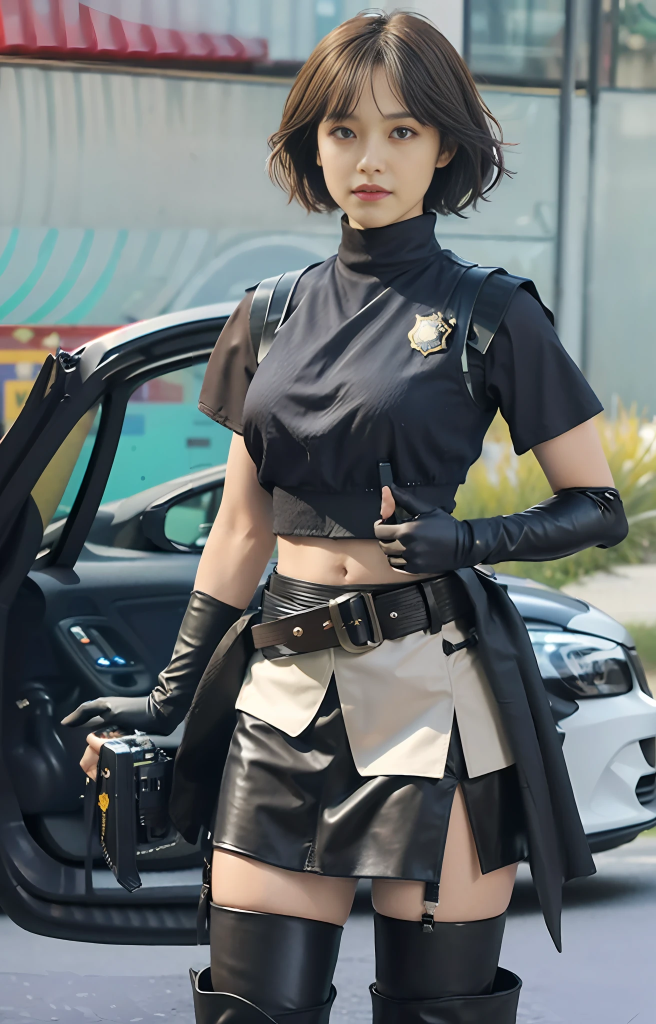 Official art, extremely detailed CG Unity 8k wallpaper, best quality, masterpiece, high resolution, beautiful girl criminal cop, short hair, black crop top vest, brown belt, pistol holster on thigh, body armor, tactical gloves, black minileather skirt, police uniform style, black long tube flat boots, police badge on chest, police car