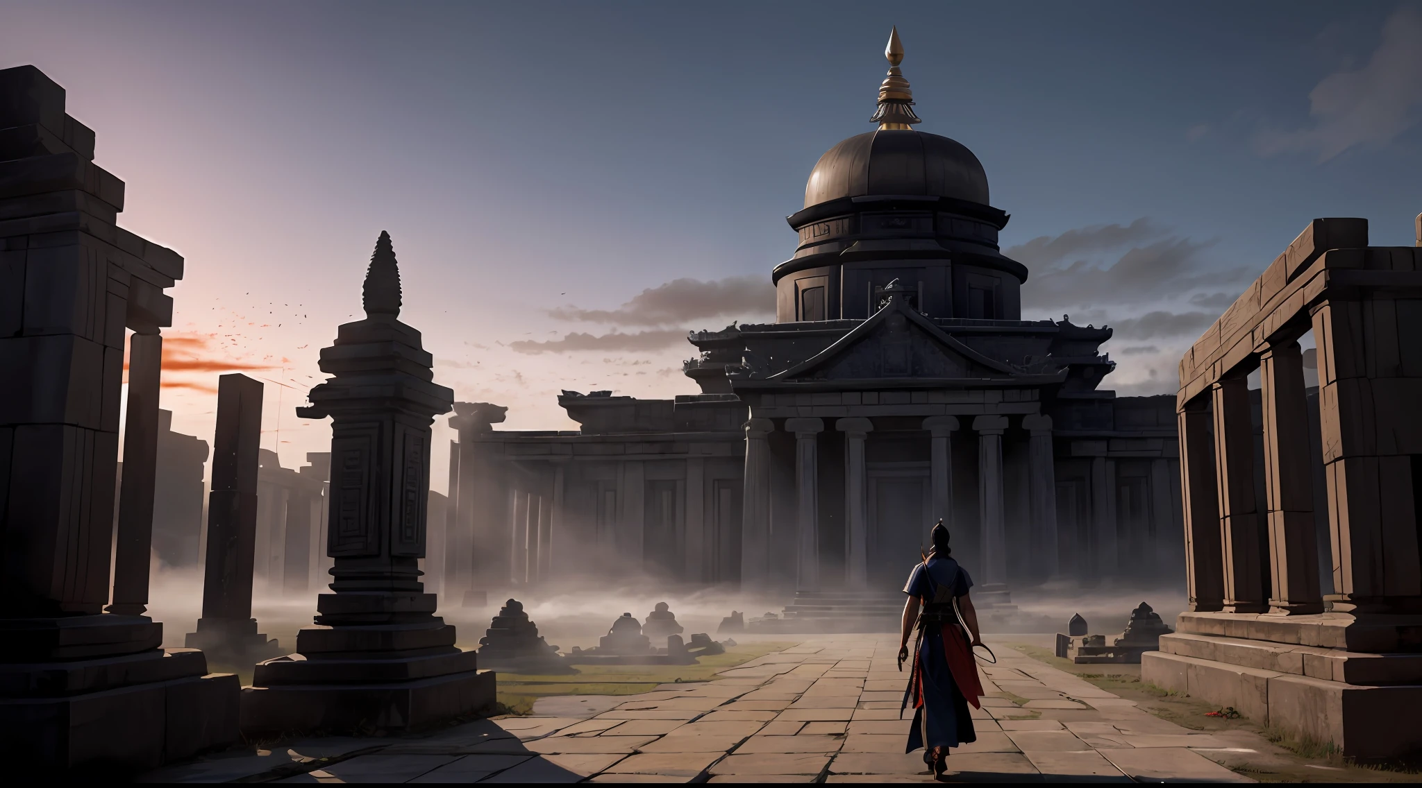 absurd, realistic lighting, (abyss) masterpiece, high quality, beautiful graphics, high detail, dressed woman, extremely refined and beautiful, amazing, fine detail, masterpiece, hyper-detail, high resolution, (best illustration), (best shadow), intricate, ancient landscape, thousand hands bodhisattva, temple, (mysterious black fog), journey to the west, ((corpse), ((ancient monster)), (ruins), (battlefield), (blood stain), glazed tiles, Buddha statue, lantern,