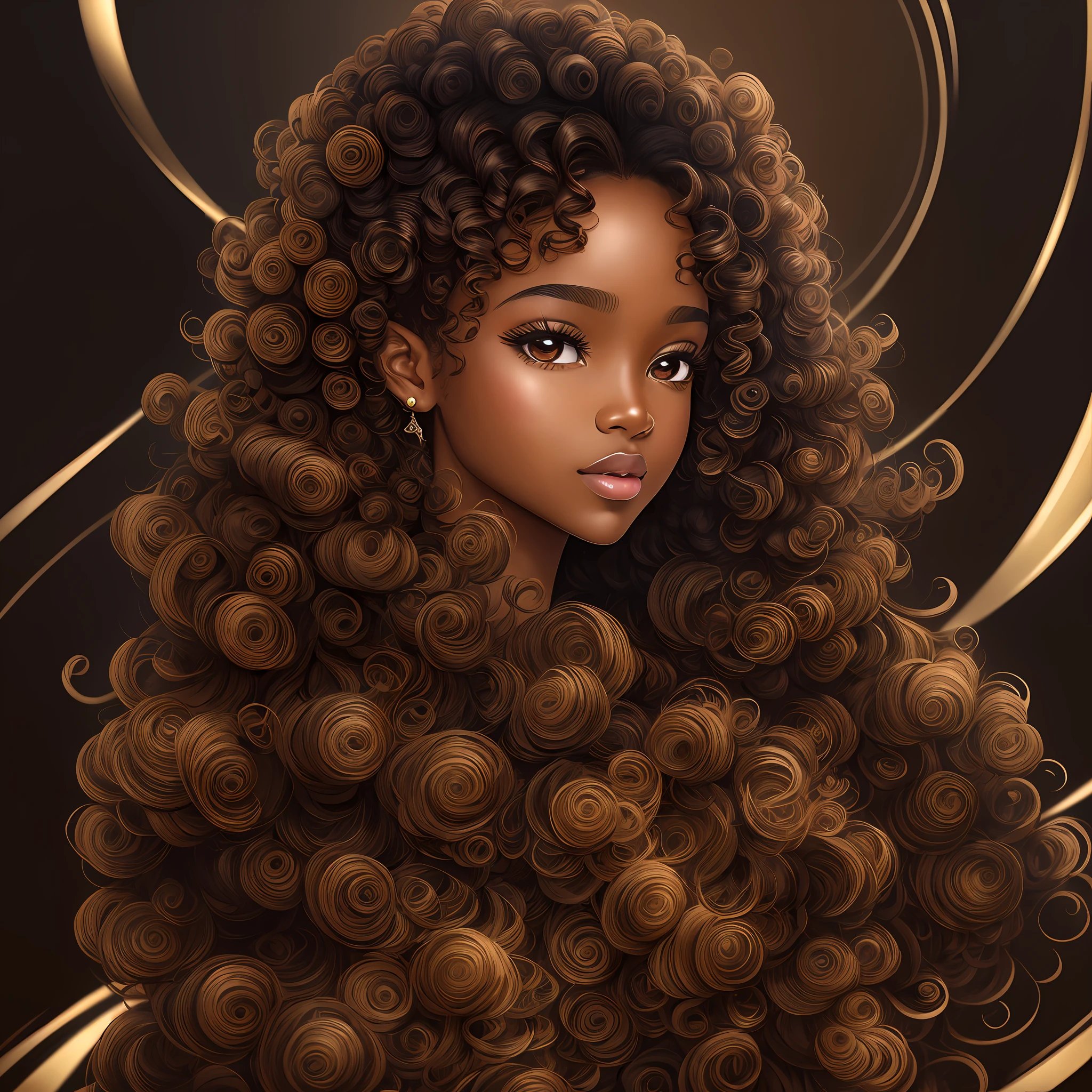 Best quality, ultra definition, perfection, artwork, ultra definition, perfect skin, black skin, brown skin, brown skin, perfect skin, round eyes, brown eyes, curly hair, princess hair, black hair, wavy hair, voluminous hair, artwork, perfect quality.