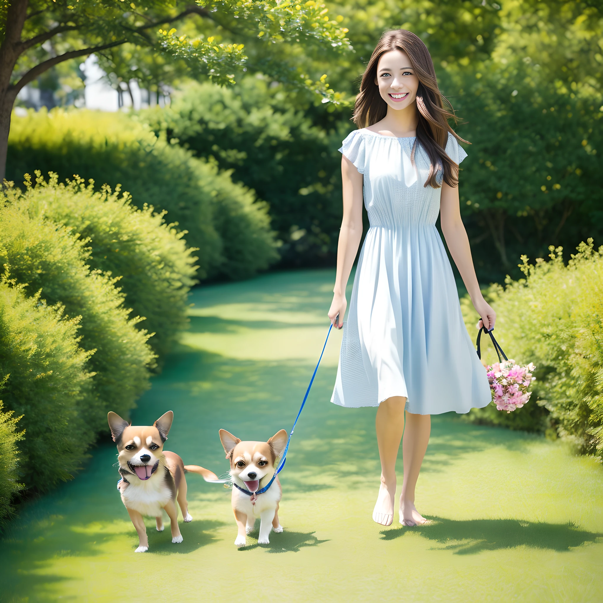 (masterpiece, high resolution, realistic, 8K:1.2), highly detailed texture
break
(1 girl, full body: 1.5), Japan people, very beautiful girl, 16 years old, wide shot,
break
(Charleston dress: 1.2), black-haired, 
BREAK
medium-haired, angelic smile, A beautiful girl is walking with a small chihuahua on a leash
She is smiling with her mouth open, summer,
break
(Brown puppy long-coat Chihuahua: 1.2), very adorable face, beautiful appearance with well-defined body parts, small Chihuahua is happy to raise his paw towards the girl
break
 Beautiful park with natural light, vast lawn, sunshine, daytime, blue skyBREAK