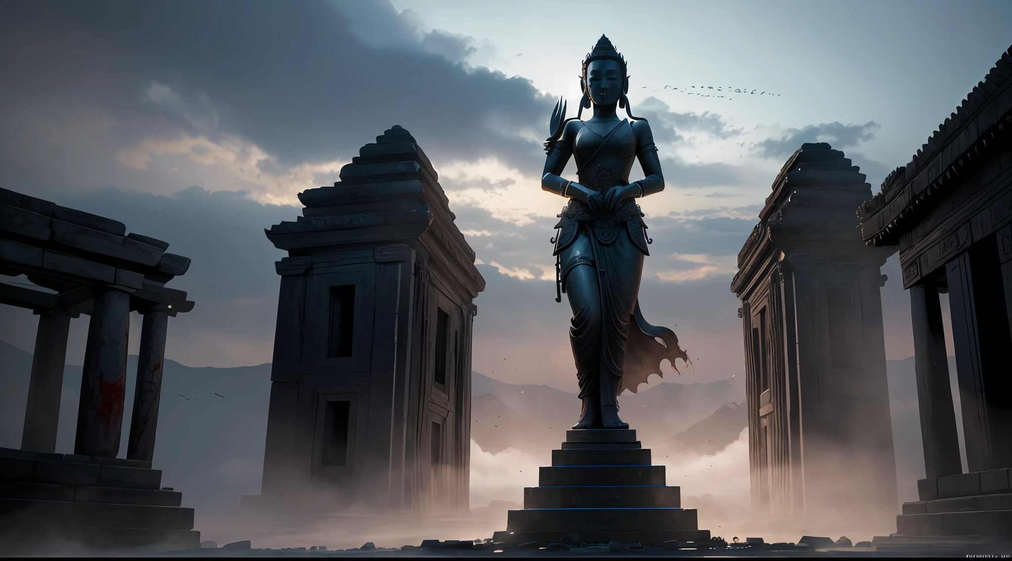 absurd, realistic lighting, (abyss) masterpiece, high quality, beautiful graphics, high detail, dressed woman, extremely refined and beautiful, amazing, fine detail, masterpiece, hyper-detail, high resolution, (best illustration), (best shadow), intricate, ancient landscape, thousand hands bodhisattva, temple, (mysterious black fog), journey to the west, ((corpse), ((ancient monster)), (ruins), (battlefield), (blood stain), glazed tiles, Buddha statue, lantern,