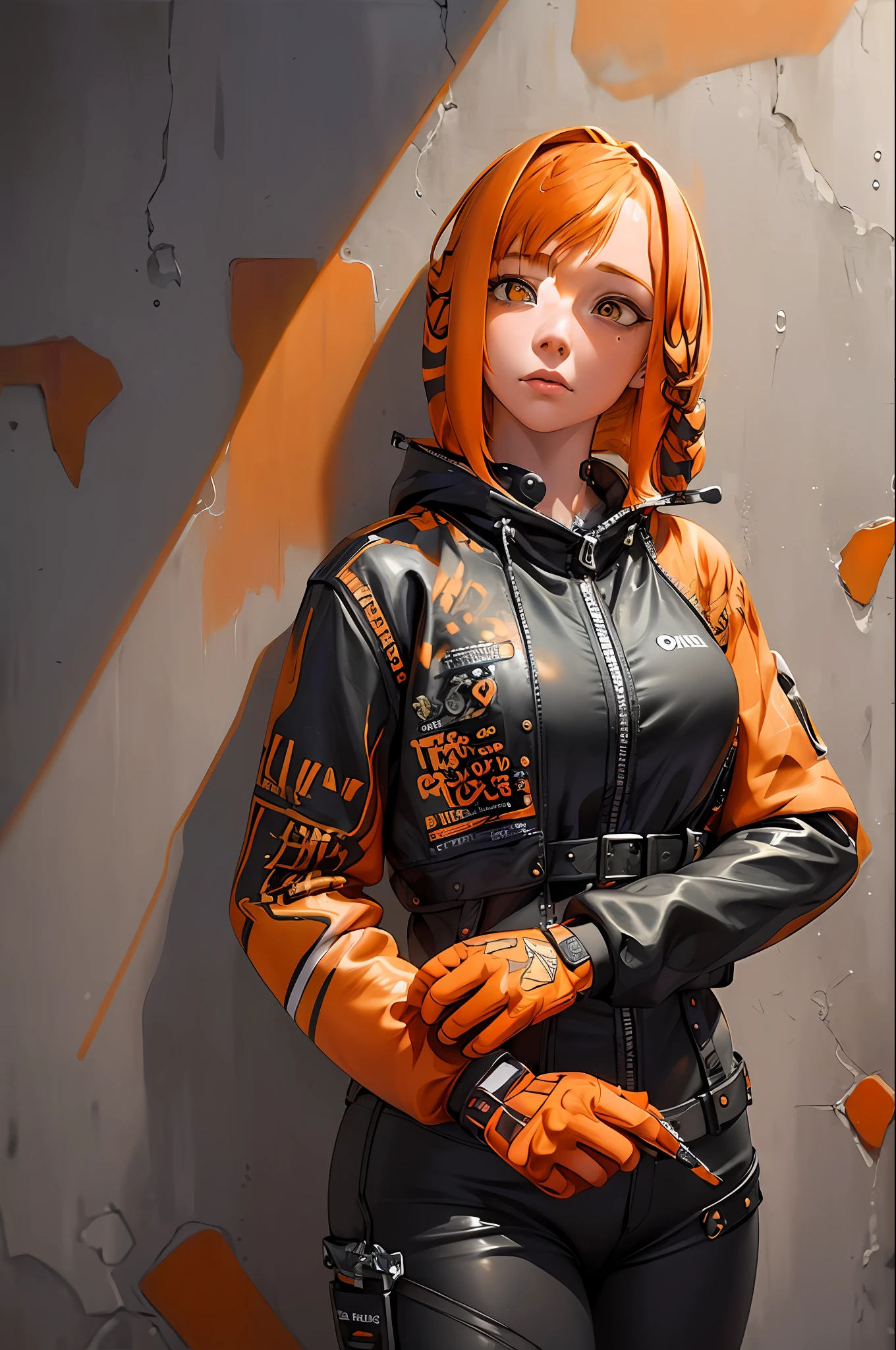 Create a woman who fills the whole picture. Extravagant anime pose. Use visual references and constantly check to ensure accuracy and symmetry in creating the image of the human body, create perfect hands and iris, without anomalies with extravagant poses, (Masterpiece: 1.2), best quality, (illustration: 1.2), (ultra-detailed), eye focus, (masterfully crafted brightness, pink lens brightness), (cinematic background), hyper details, (detailed delicate), (intricate details), octane render, hdr,  (hyperdetailed: 1.15), (color)))), (soft light: 1.2), 1girl, (lynx ears: 1.3) , (lynx man), (cat tail: 1.5), pretty girl, ultra detailed eyes, mature, fat, thick, rainbow paint drops, ink teardrops, girl made of paint, entirely ink, splat, splash, (outside), (bob cut: 1.5), (bright eyes: 1.2), ((makeup)), (cinematic masterpiece), fierce, powerful, absolutely attractive splashes of color,  (cinematic lighthouse), (realistic jumping lighting: 1.2), ((caustic)), exposed legs, dynamic angle, beautiful detailed brightness, ambient occlusion, ambient light, raytraced reflections, (better lighting, an extremely delicate and beautiful light), ((cinematic light)), (soft: 2), (capricious:2) , intricate background, vibrant, dreamlike landscape, (graffiti painting:1.3), (bright tail), (painted cityscape), (urban),(realistic urban fashion), (expressive:1.2), good shape,  athletic, (mirrored world), (long flowing black hair:1.1), wavy hair, (orange hair highlights),, shiny headphones, beanie, (graphite wall), unfinished graffiti, ghetto,(looking at the wall:2),black hood, (back wall present),(holding spraycan:1.3), (colored mist), buckles, belts, straps, a girl in front of a graffiti wall, cyberpunk art, (by LAM),  Mika Pikazo, graphite, techwear jacket, black gloves, with buckle and duct tape, (orange hair:2), glued clothing,
