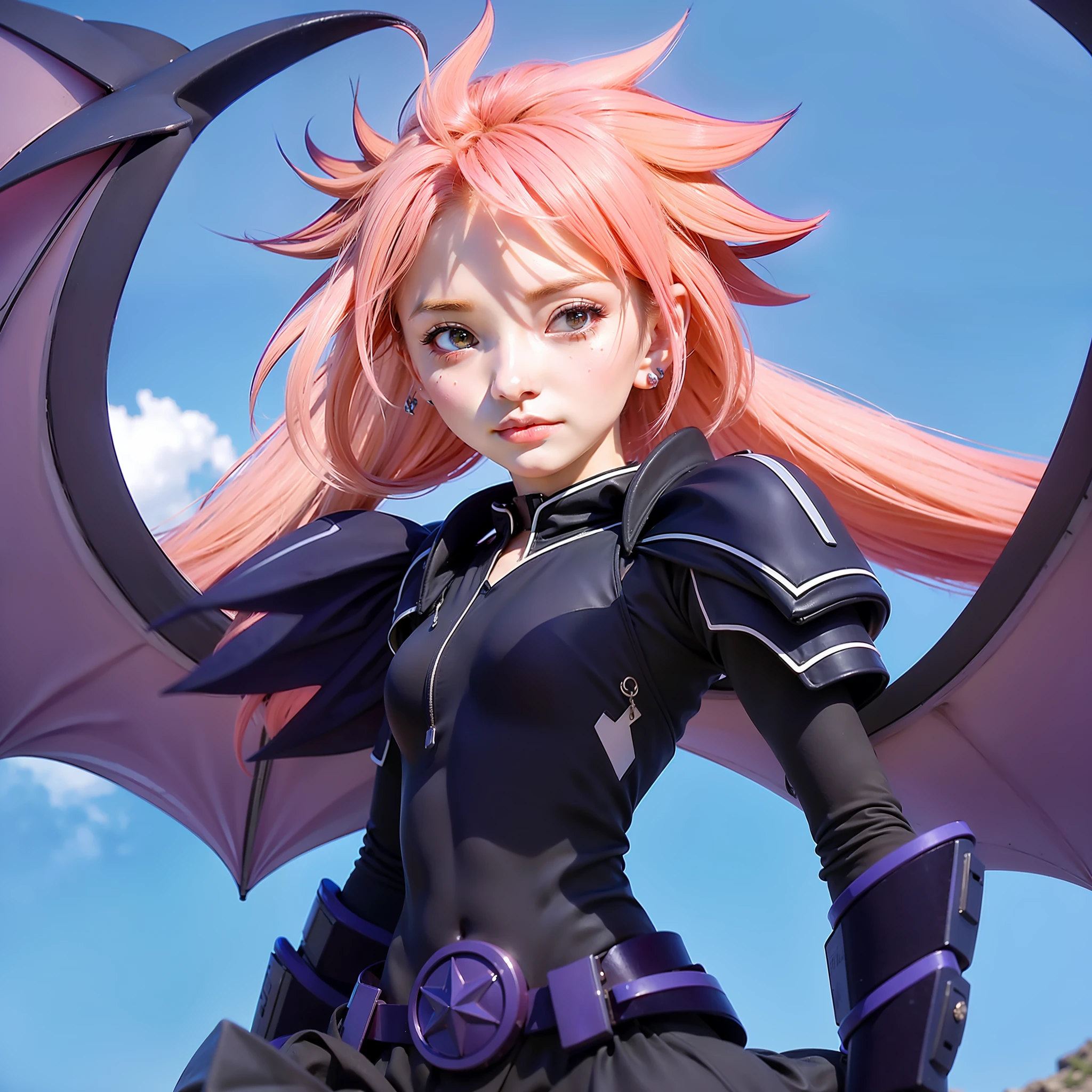 Milim from that time I got reincarnated as a slime, in Demi dragon form, with long pink hair, proud face, and wings, (8k UHD, dslr, soft lighting, high quality, film grain, Fujifilm masterpiece, best quality)