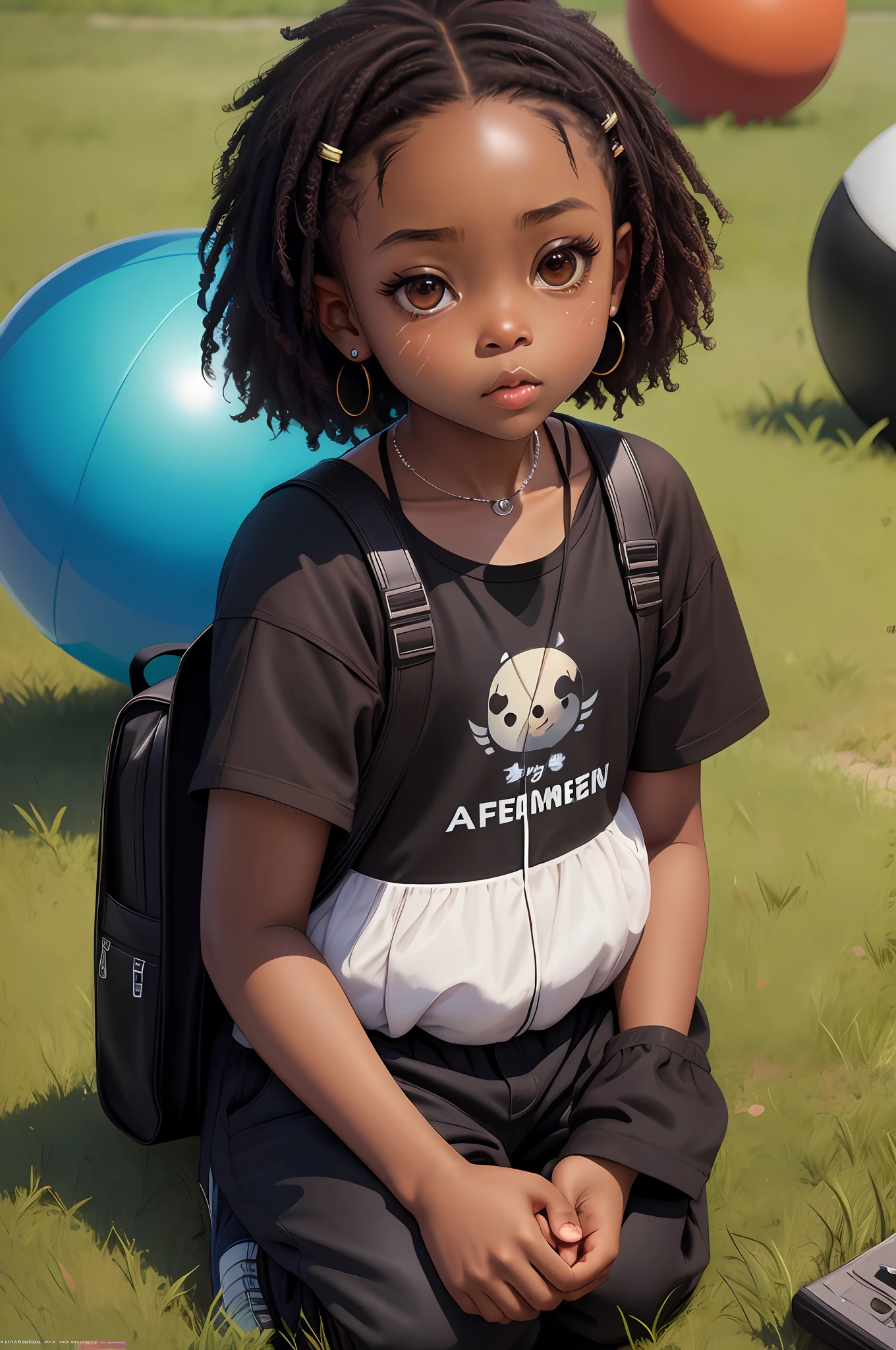 realistic portrait of cute African-american  ((dark brown skin color)), big eyes, sitting playing with a ball, ((chibi)), ((ball)), ((grass)), wearing tank top, black pants and black shoes, current fashion, kanekalon style hair, dark lighting background, close-up, product vision, detailed facial details, perfect face, sharpness, trend art, sharp facial details, cgsociety, ultra high quality digital art,  Exquisite hyper details, 4K, 8K neon lighting, --ISO 100 dreamer,