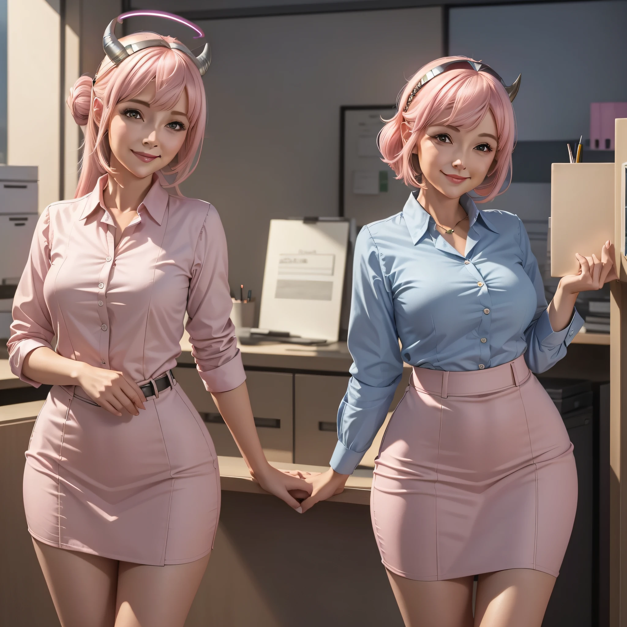 ((masterpiece, best quality)), (1girl),((mature female)), light pink hair, halo, horn, ((office lady)), bangs, medium chest, (petite), thin, smile, [wide hips],office,standing,aru \(blue file\),