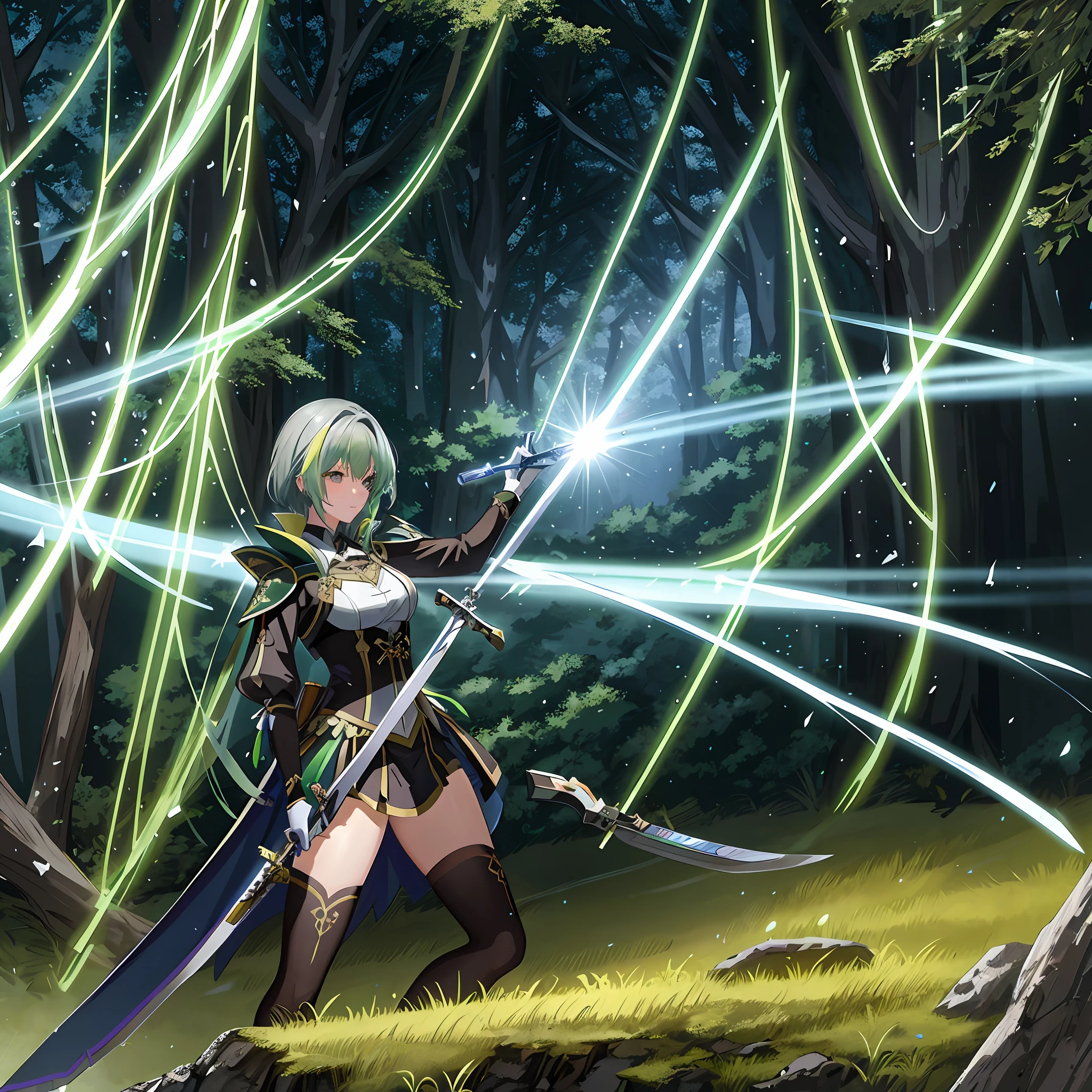 anime girl with sword in the woods with green light, hold sword in the forest, rogue anime girl, female forest archer, anime girl with a bow and arrow, glowing green soul blade, cushart krenz key art feminine, wielding a magical sword, 2. 5 d cgi anime fantasy artwork, fus rei, practising her sword staces, armor girl
