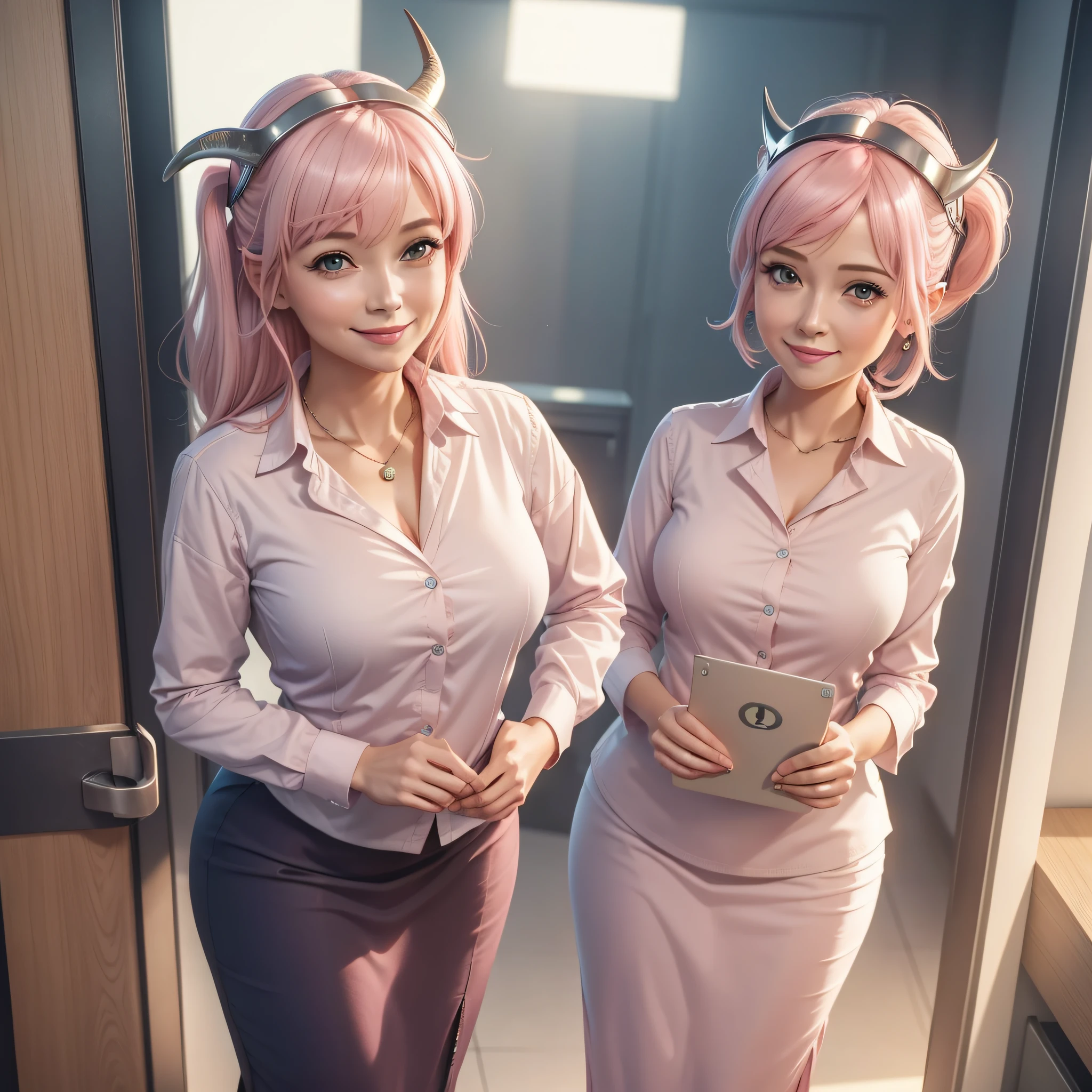 ((masterpiece, best quality)), (1girl),((mature female)), light pink hair, halo, horn, ((office lady)), bangs, medium chest, (petite), thin, smile, [wide hips],office,standing,aru \(blue file\),