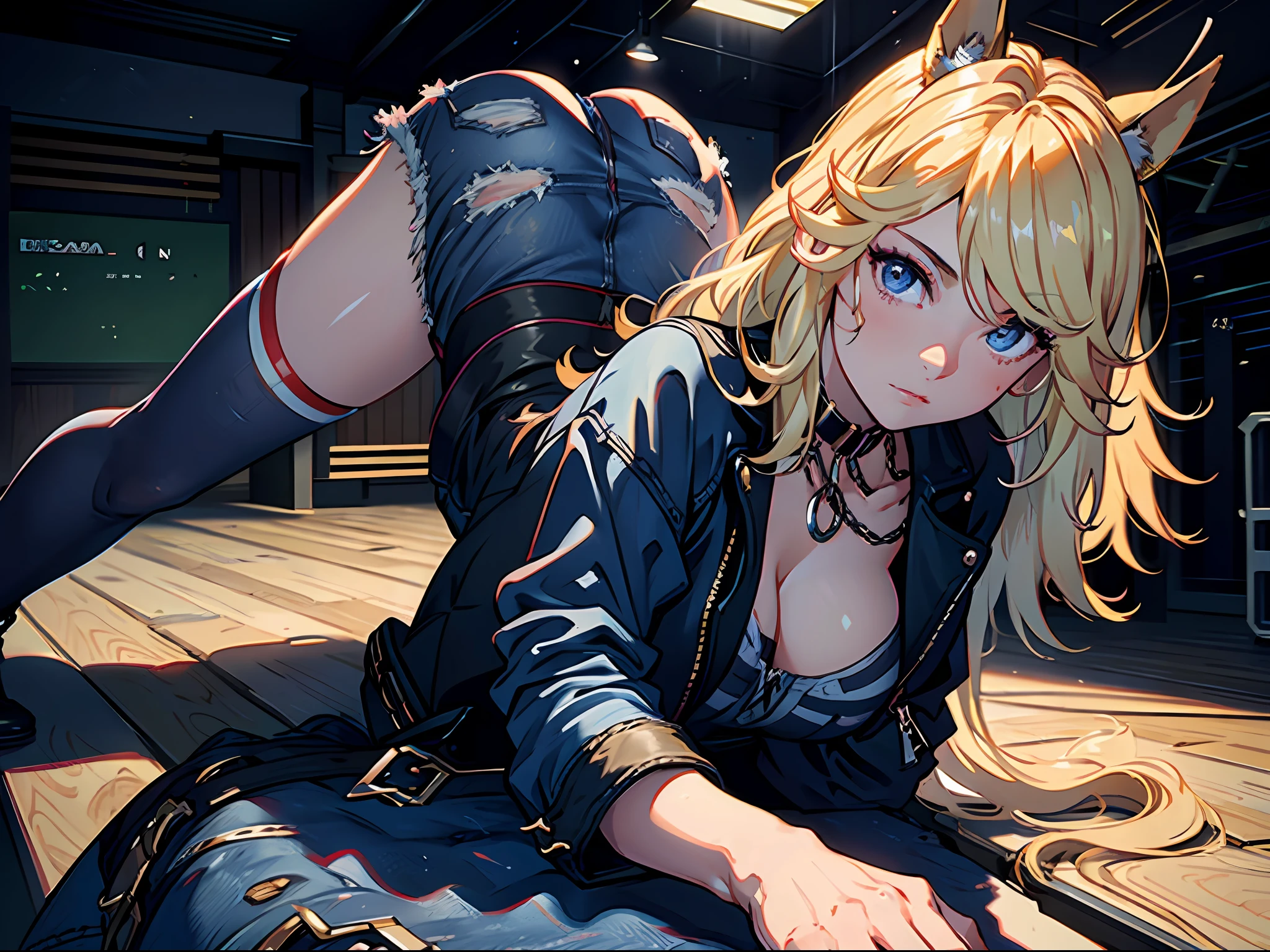 ((large breast, tomboy girls, small head)), (perfect body : 1.1), (long wavy hair : 1.2) , blonde hair, collar, chain, full body shot, wearing black tanktop, jeans jacket, ((denim shorts)), (extremely detailed CG 8k wallpaper), (an extremely delicate and beautiful), (masterpiece), (best quality:1.0), (ultra highres:1.0), jackopose,
top-down