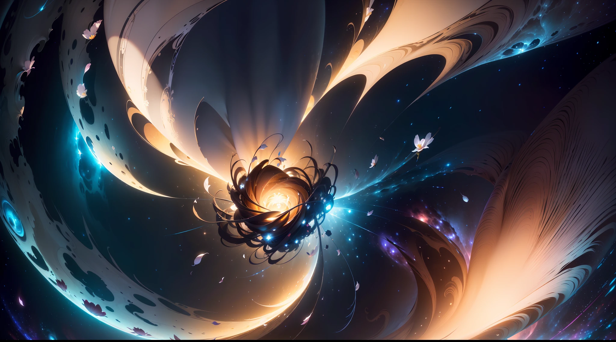 ((REAL))), ((MASTER))), ((BEST QUALITY)), ULTRA-DETAILED CG Unity 8k wallpapers, incredibly detailed and beautiful illustrations, floating, high resolution, dynamic, dark black background, stellar space, big white shining stars, colorful planets in the cosmic maelstrom, countless small petals fluttering, countless scattered petals, Many single petals