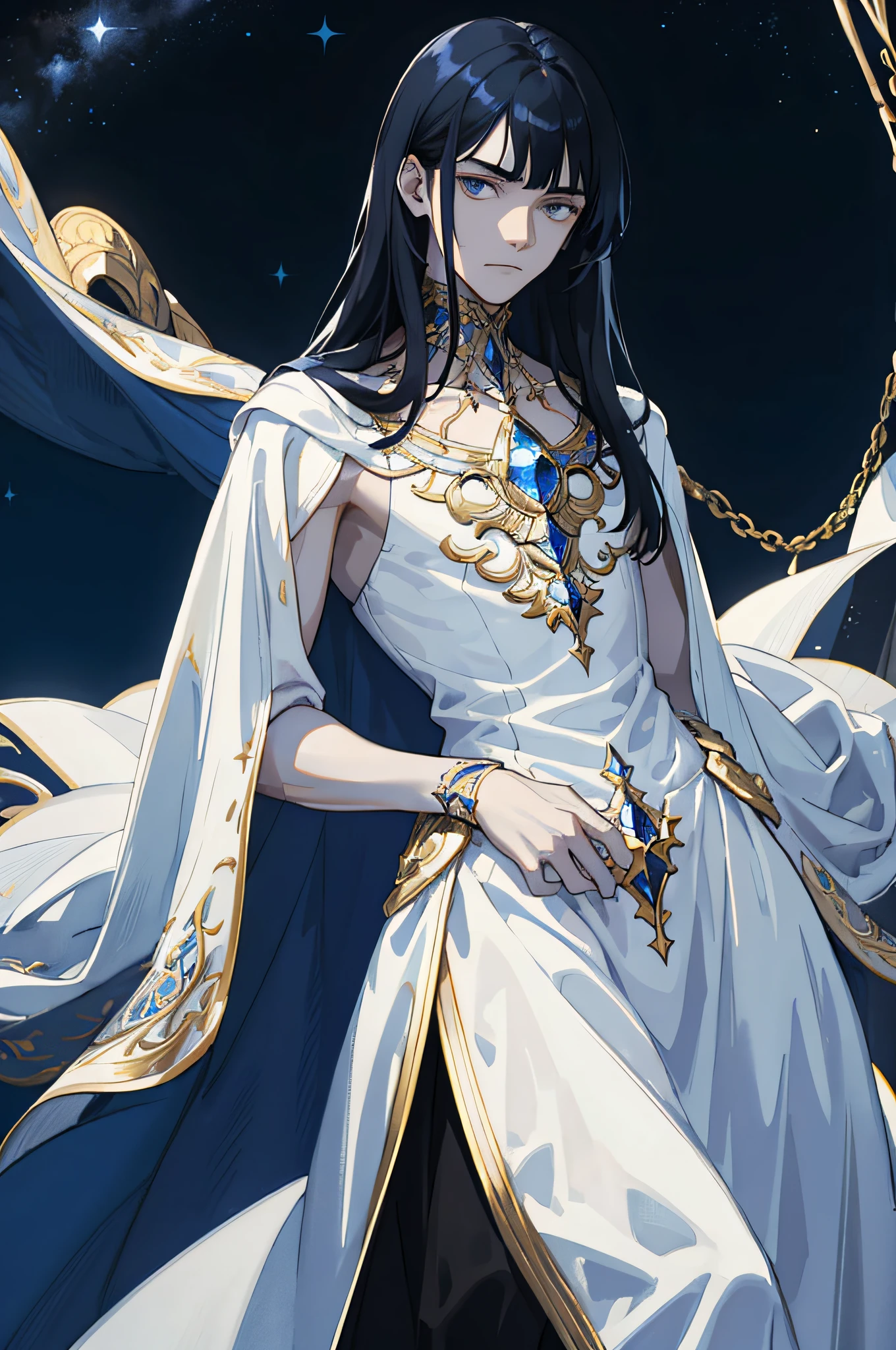 Masterpiece, best quality, teenager, male, long dark blue hair, straight hair, flush bangs, white skin, indifferent expression, intricate details, delicate princess dress, nudity, dark night, starry sky, stars, black, blue, gold, black background