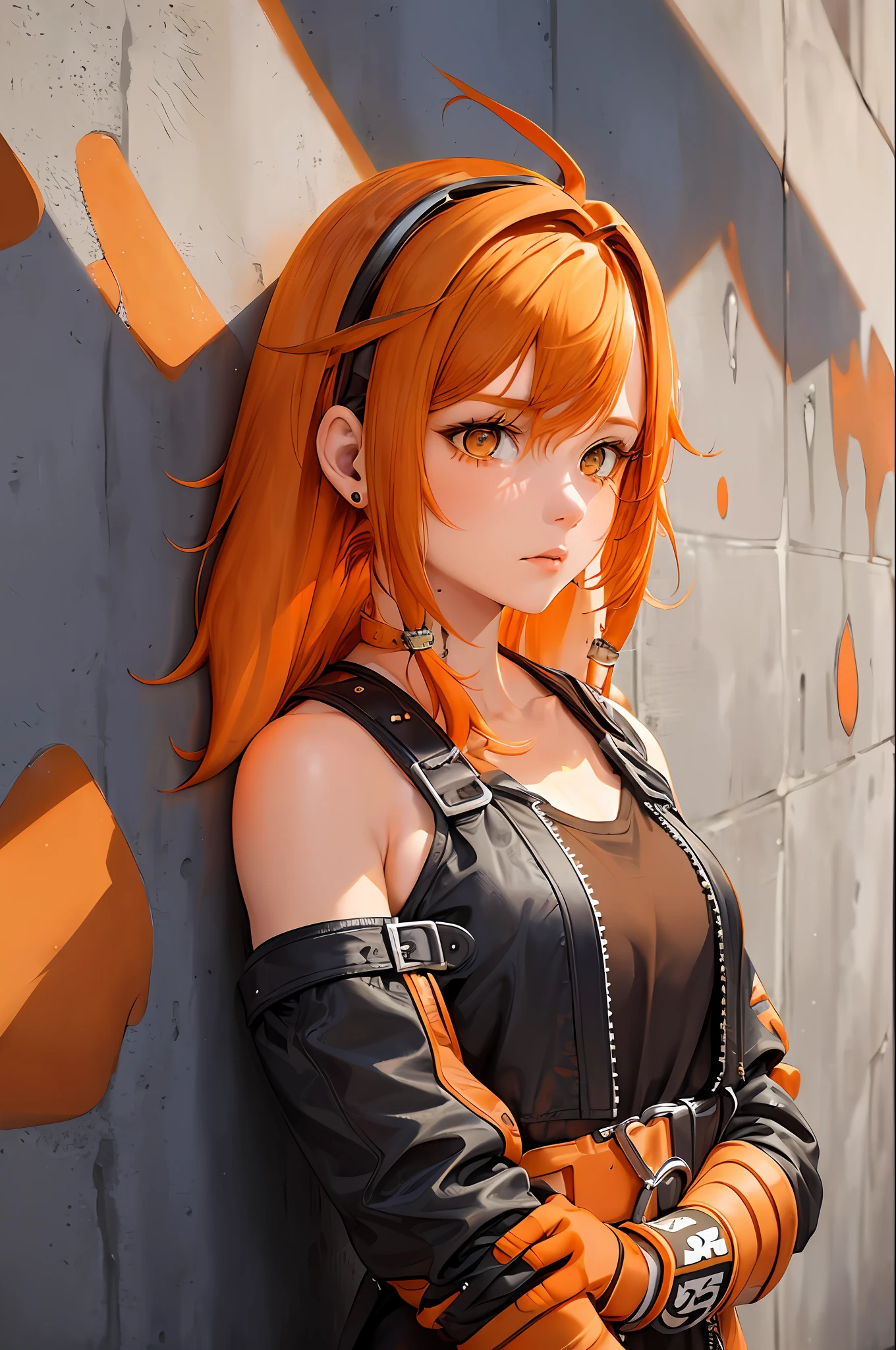 Create a woman who fills the whole picture. Extravagant anime pose. Use visual references and constantly check to ensure accuracy and symmetry in creating the image of the human body, create perfect hands and iris, without anomalies with extravagant poses, wall with various orange drawings(Masterpiece: 1.2), best quality, (illustration: 1.2), (ultra-detailed), eye focus, (masterfully crafted brightness, pink lens brightness), (cinematic background), hyper details, (detailed delicate), (intricate details), octane render, hdr, (hyperdetailed: 1.15), (color))), (soft light: 1.2), 1girl, (lynx ears: 1.3) , (lynx man), (cat tail: 1.5), beautiful girl, ultra detailed eyes, mature, fat, thick, rainbow paint drops, ink teardrops, girl made of paint, entirely paint, splat, splash, (outside), (bob cut: 1.5), (bright eyes: 1.2), ((makeup)), (cinematic masterpiece), fierce, powerful, absolutely attractive splashes of color, (cinematic lighthouse), (realistic lighting of jumps: 1.2), ((caustic)), exposed legs, dynamic angle, beautiful detailed brightness, ambient occlusion, ambient light, raytraced reflections, (better lighting, an extremely delicate and beautiful light), ((cinematic light)), (soft: 2), (capricious:2) , intricate background, vibrant, dreamlike landscape, (graffiti painting:1.3), (bright tail), (painted cityscape), (urban),(realistic urban fashion), (expressive:1.2), fitness, athletic, (mirrored world), (long flowing black hair:1.1), wavy hair, (orange hair highlights),, shiny headphones, beanie, (graphite wall), unfinished graffiti, ghetto,(looking at the wall:2),black hoodie, (back wall present),(holding spraycan:1.3), (colored mist), buckles, belts, straps, a girl in front of a graffiti wall, cyberpunk art, (by LAM), Mika Pikazo, graffiti, techwear jacket, black gloves, with buckle and duct tape, (orange hair:2), glued clothing,
