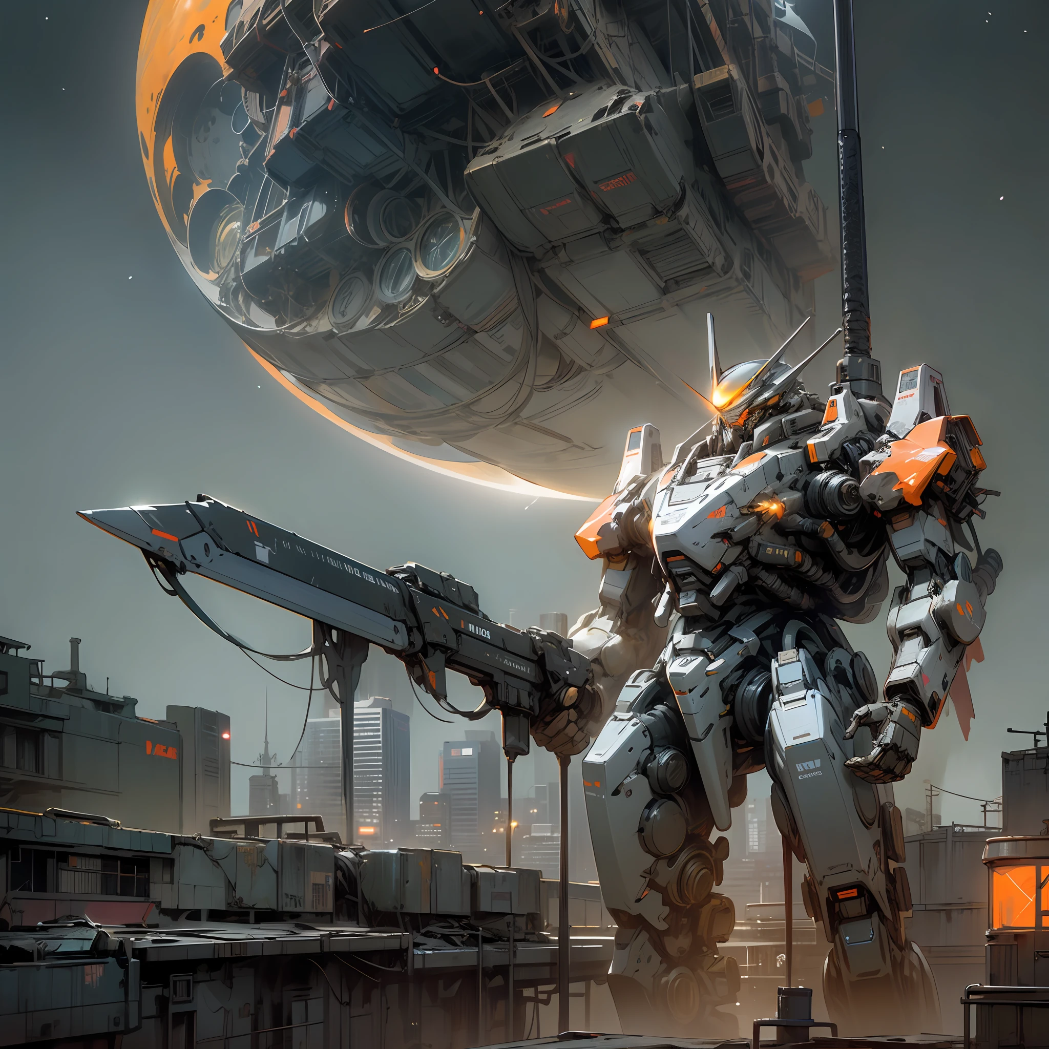 On the moon,barren planets, ruins, holding_weapon, no_humans, glowing, robot, building, glowing_eyes,orange mecha, science_fiction, city, realistic,mecha,Milky Way Galaxy background,neon,cyberpunk, --auto --s2