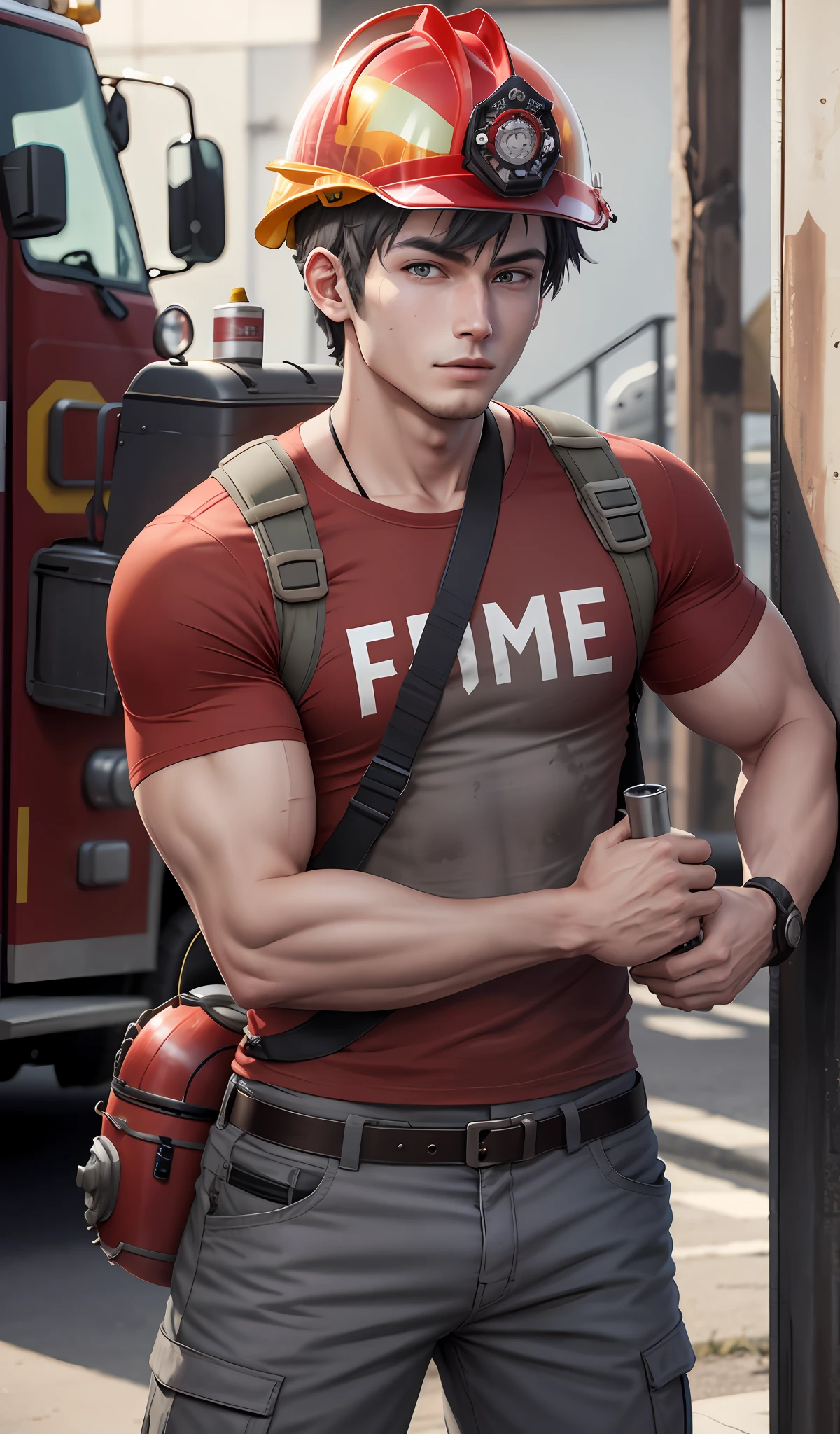 firefighter, realistic, 4k, cinematic, anime, boy, cute, 22yo, charismatic, helmet, red T-shirt and gray pants
