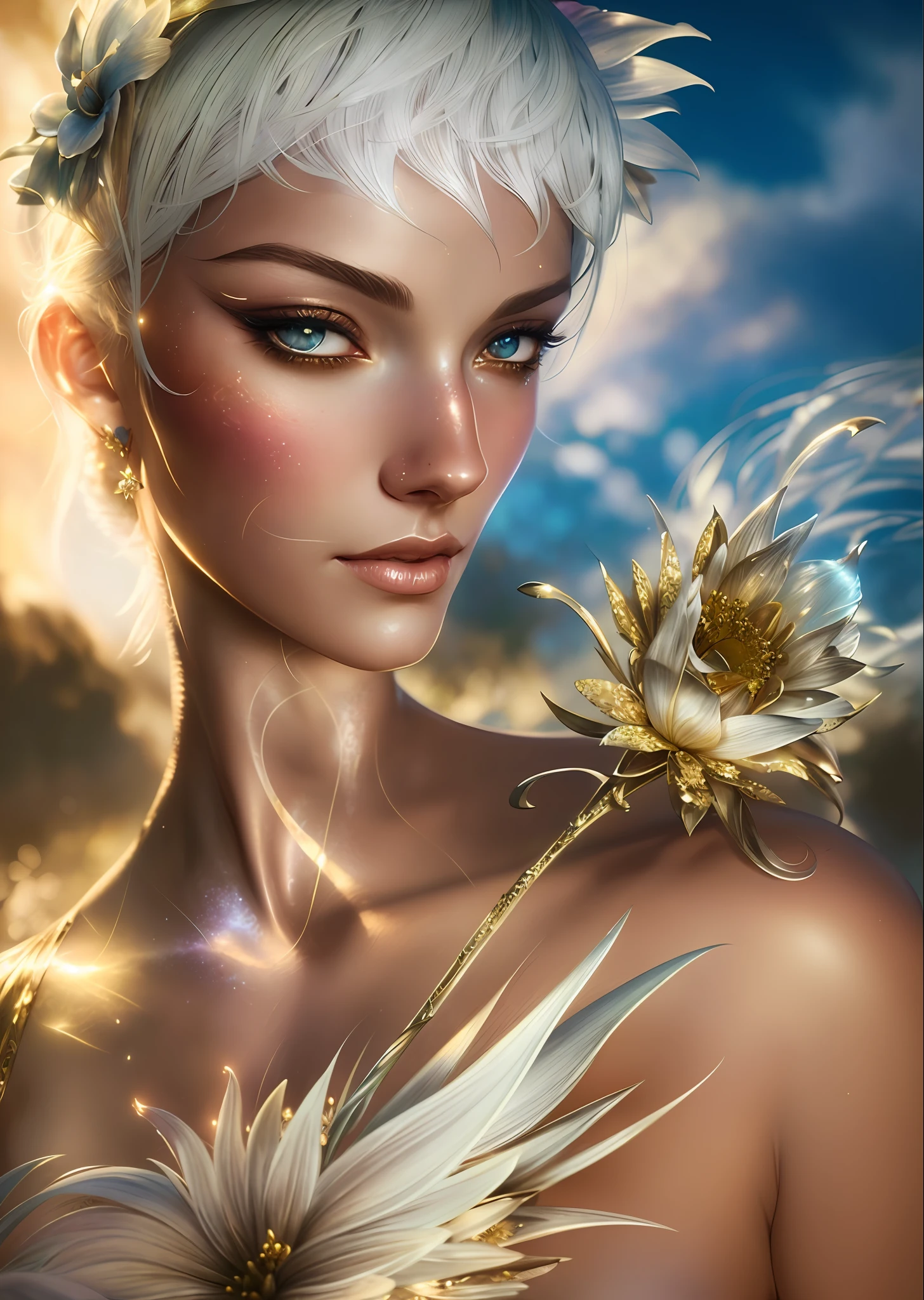 a close up of a woman with a flower in her hair, fantasy art behance, karol bak uhd, beautiful digital artwork, digital fantasy art ), awarded on cgsociety, 3 d render character art 8 k, inspired by Marek Okon, beautiful fantasy portrait, fantasy digital art, fantasy portrait, stunning digital art, stunning cgsociety