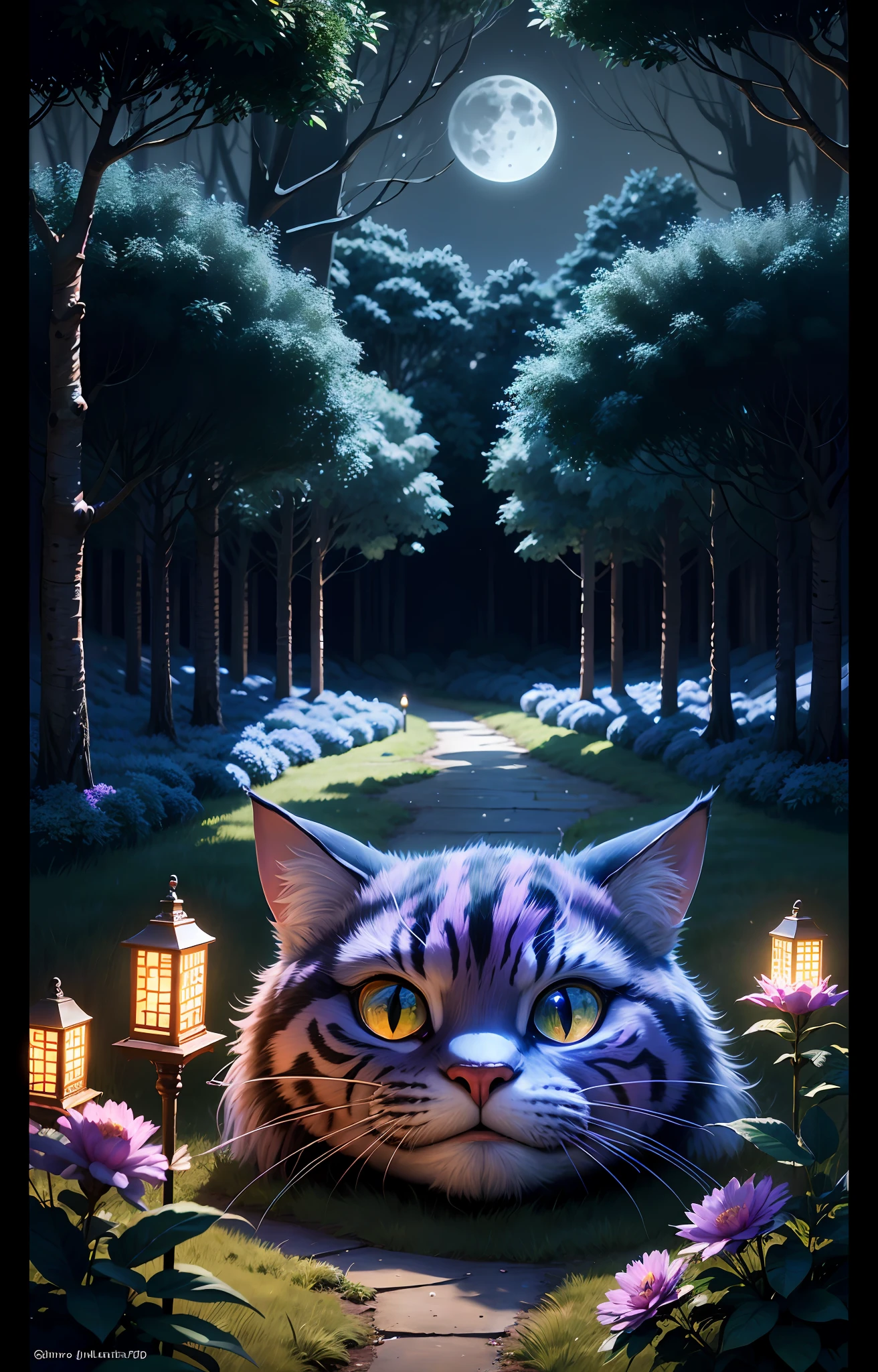 "Cheshire cat from the alice drawing of Wonderland, (Be sure to include all the details of its appearance from the original), appearing realistically, (3d rending work), (in a fantasy forest environment, at night with moon lights coming out of the forest), detailed and impressive."