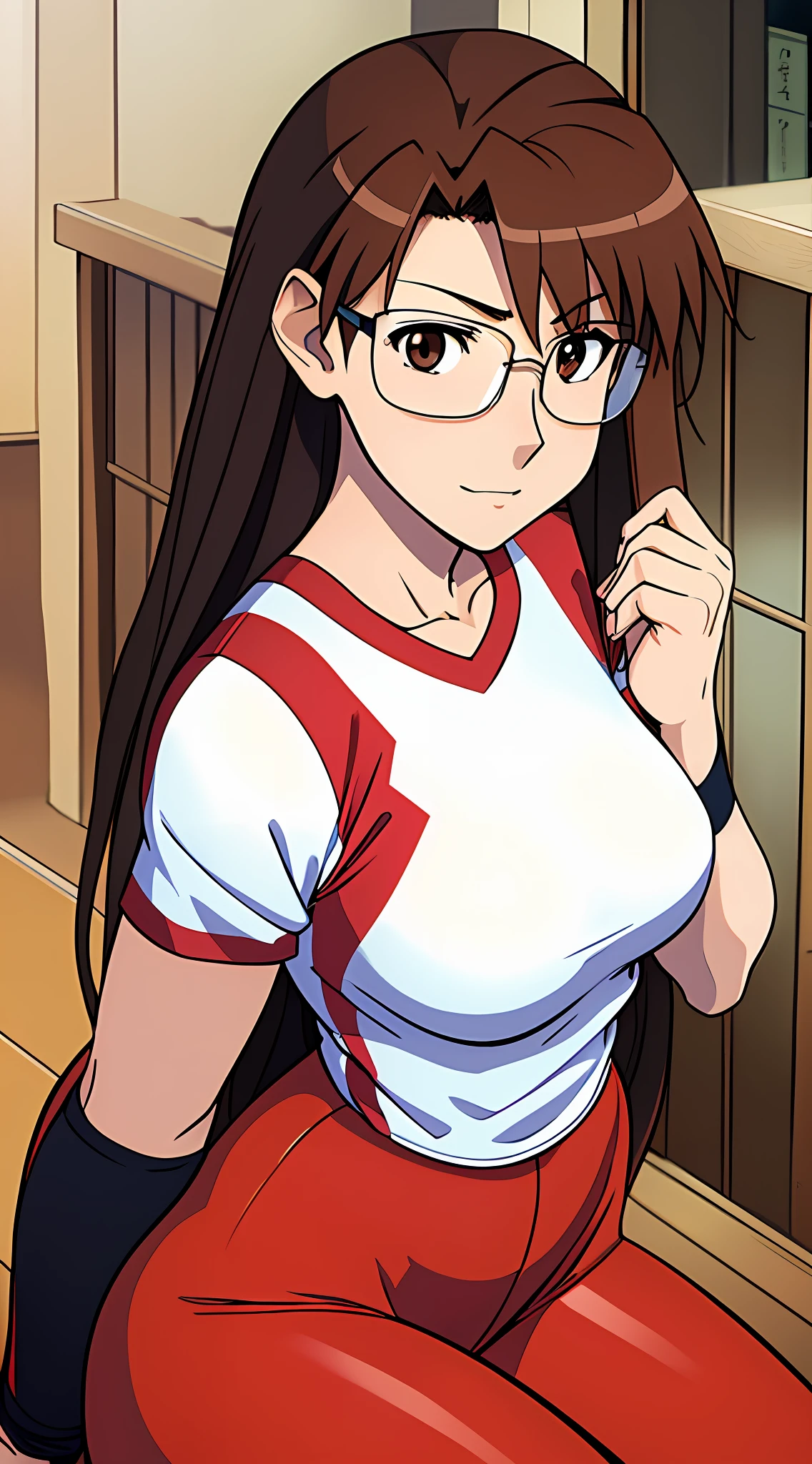 Koyomi Mizuhara, Brunette hair, long hair, glasses, medium breasts, medium ass, volleyball tight shirt, tight legging, socks, sneakers, smirking, front close up, volleyball court, nsfw, rule 34, ecchi, lewd, only fans, adult content, lewd face, before the game, hand on her hips/ass, moaning, hentai, pov, sexy luscious lips, face close up