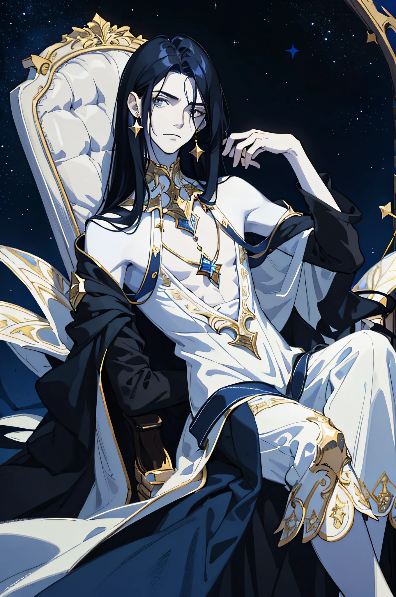 Masterpiece, best quality, teenager, male, long dark blue hair, straight hair, flush bangs, white skin, indifferent expression, intricate details, delicate princess dress, nudity, dark night, starry sky, stars, black, blue, gold, black background