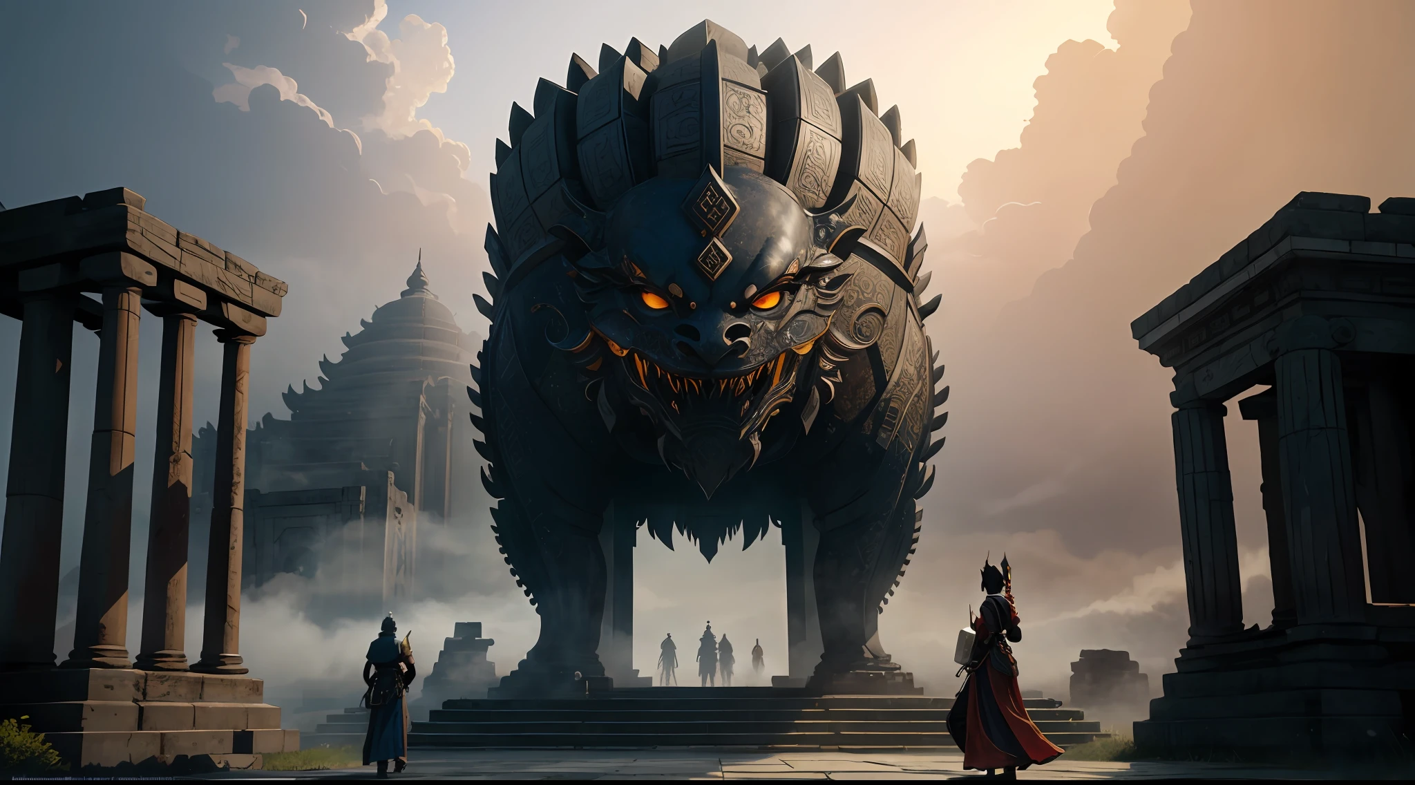 absurd, realistic lighting, (abyss) masterpiece, high quality, beautiful graphics, high detail, dressed woman, extremely refined and beautiful, amazing, fine detail, masterpiece, hyper-detail, high resolution, (best illustration), (best shadow), intricate, ancient landscape, thousand hands bodhisattva, temple, (mysterious black fog), journey to the west, ((corpse), ((ancient monster)), (ruins), (battlefield), (blood stain), glazed tiles, Buddha statue, lantern,