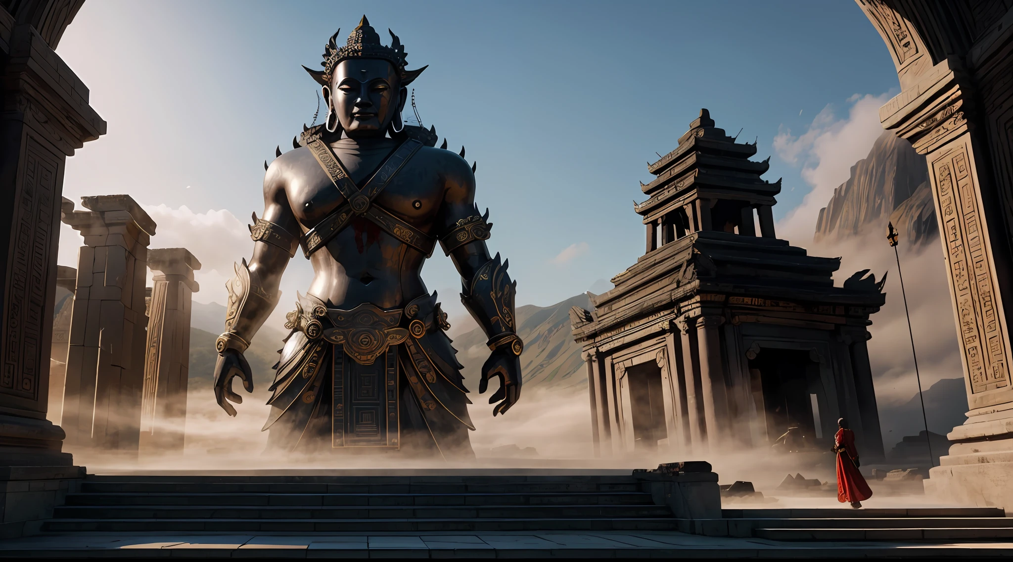 absurd, realistic lighting, (abyss) masterpiece, high quality, beautiful graphics, high detail, dressed woman, extremely refined and beautiful, amazing, fine detail, masterpiece, hyper-detail, high resolution, (best illustration), (best shadow), intricate, ancient landscape, thousand hands bodhisattva, temple, (mysterious black fog), journey to the west, ((corpse), ((ancient monster)), (ruins), (battlefield), (blood stain), glazed tiles, Buddha statue, lantern,