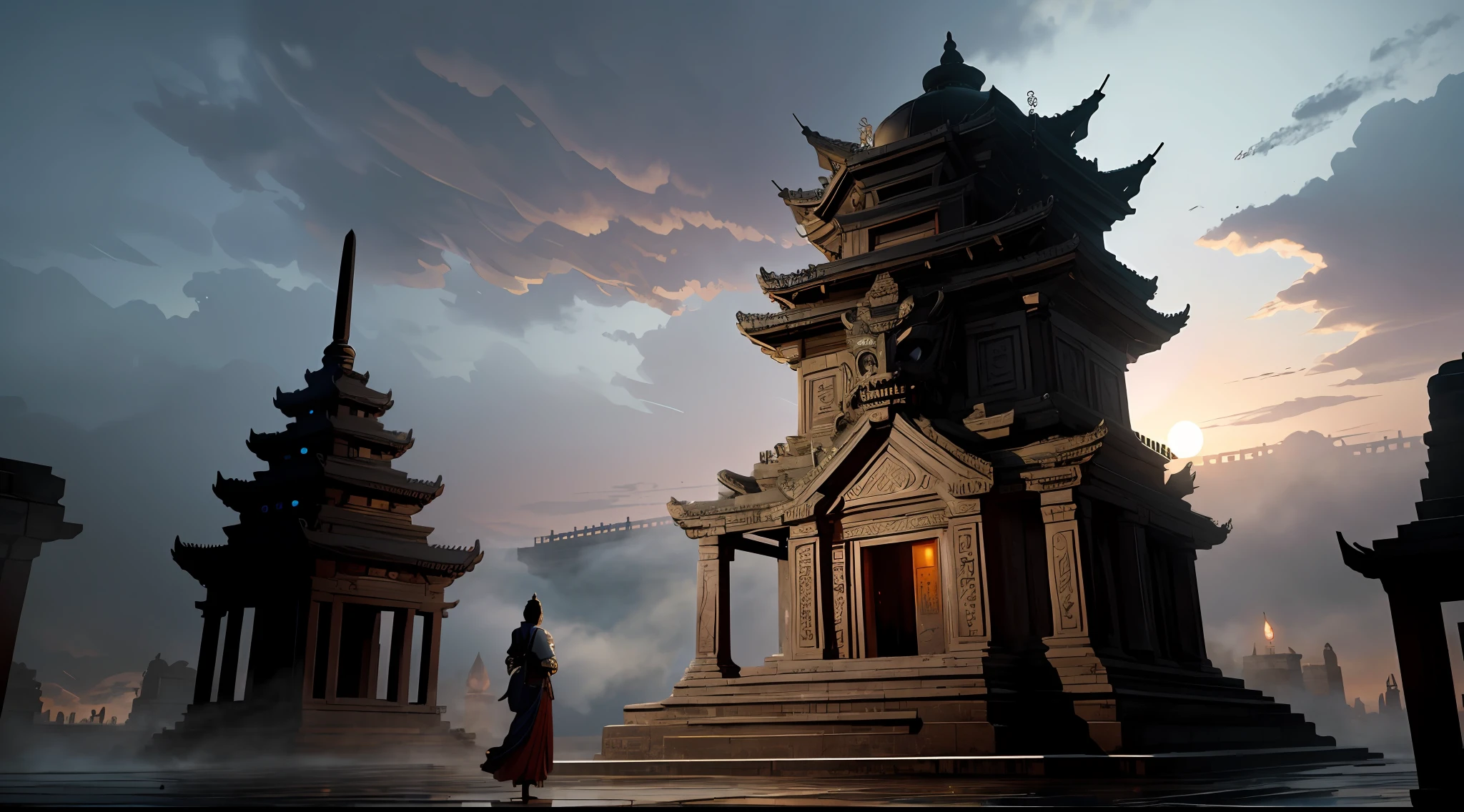 absurd, realistic lighting, (abyss) masterpiece, high quality, beautiful graphics, high detail, dressed woman, extremely refined and beautiful, amazing, fine detail, masterpiece, hyper-detail, high resolution, (best illustration), (best shadow), intricate, ancient landscape, thousand hands bodhisattva, temple, (mysterious black fog), journey to the west, ((corpse), ((ancient monster)), (ruins), (battlefield), (blood stain), glazed tiles, Buddha statue, lantern,