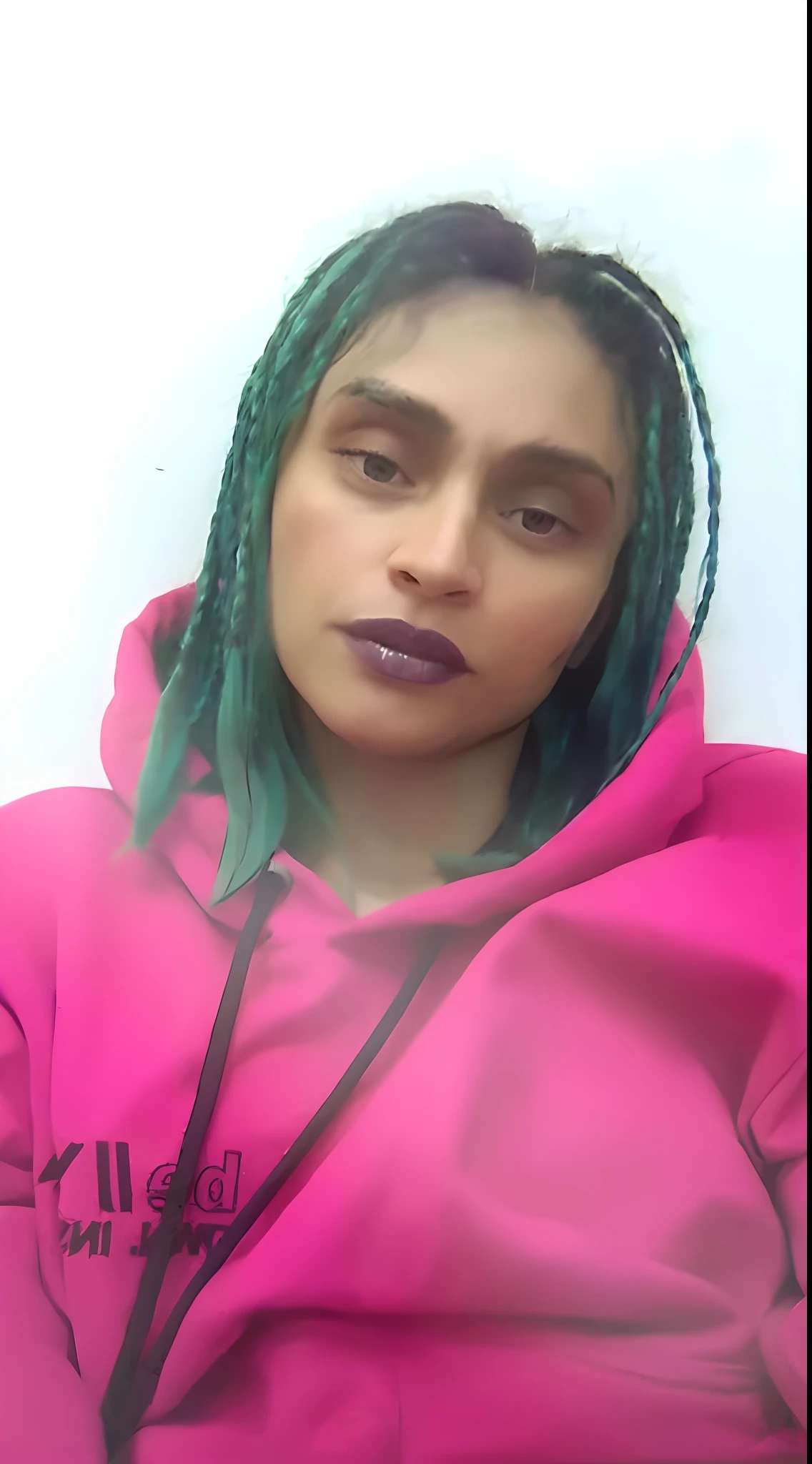 Green hair and pink hooded woman posing for photo, woman, profile picture, looks like Fabiula Nascimento, bright green hair, green hair,pink coat, with long turquoise hair, she looks like a mix of grimes, Ashteroth,high quality image,quality(((8k))),ultra hd image,ultra realistic image,proper lighting(highlighting hair details),realistic green hair ((8k details))