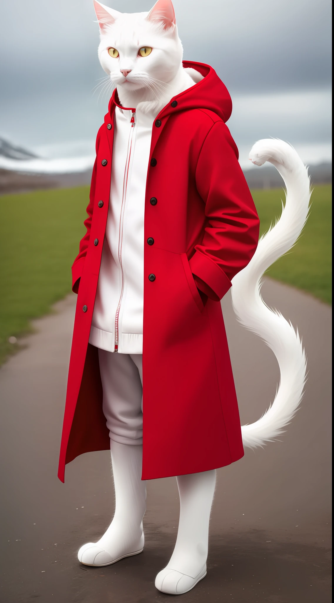 Portrait of a white cat standing, full body, wearing red coat and hood