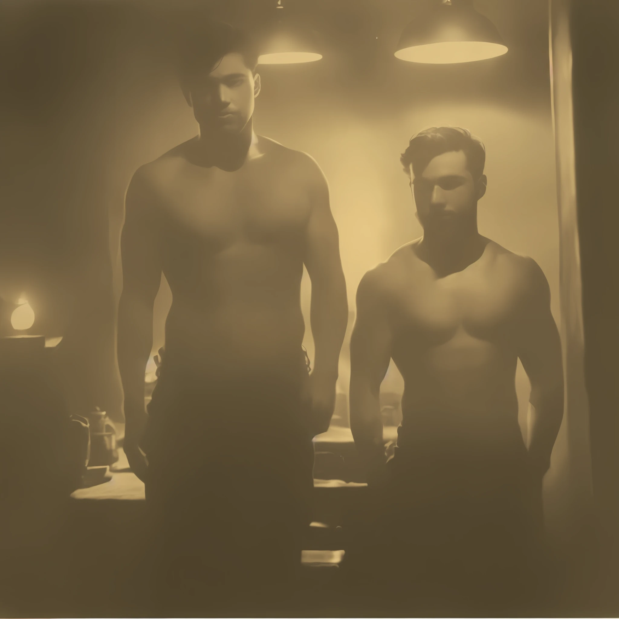 Full body photo of an extremely attractive man, inside his cabin at night. He's a handsome 25-year-old, like his body shaped by work as a lumberjack. It is illuminated by the light of a lamp, and behind it it is possible to see some objects of the hut. Homoerotic.