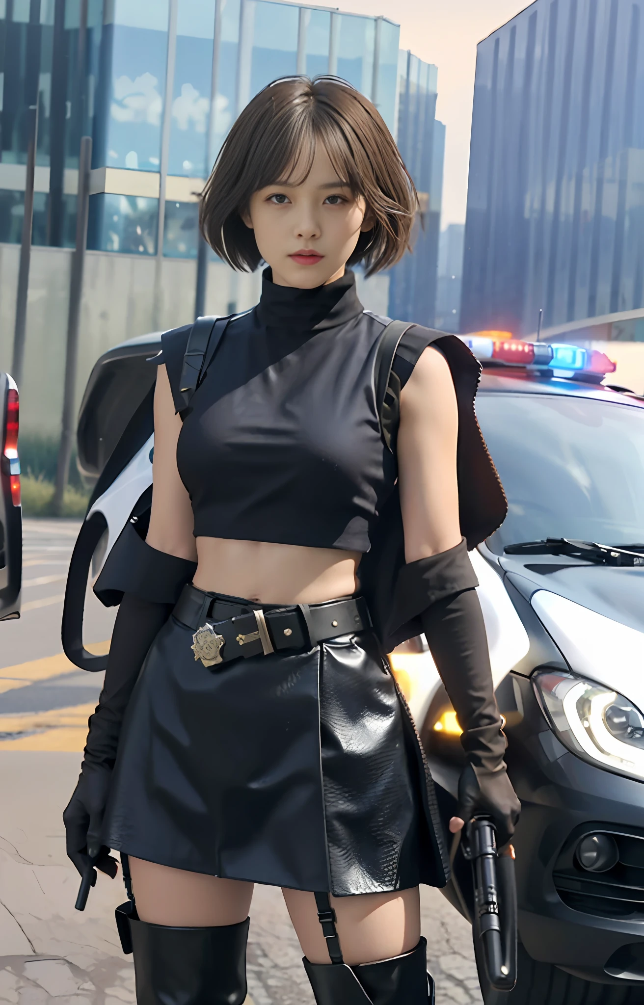 Official art, extremely detailed CG Unity 8k wallpaper, best quality, masterpiece, high resolution, beautiful girl criminal cop, short hair, black crop top vest, brown belt, pistol holster on thigh, body armor, tactical gloves, black minileather skirt, police uniform style, black long tube flat boots, police badge on chest, police car