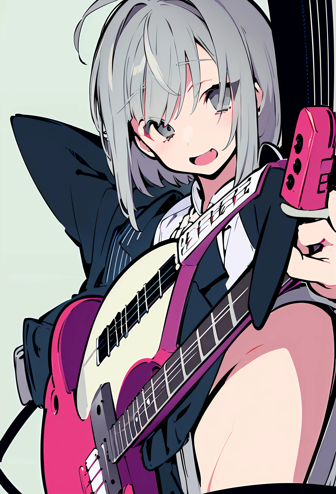 (((Masterpiece, illustration, strong outline)), simple background, Japan girl, suit, gray hair, French blade, medium hair, playing guitar,