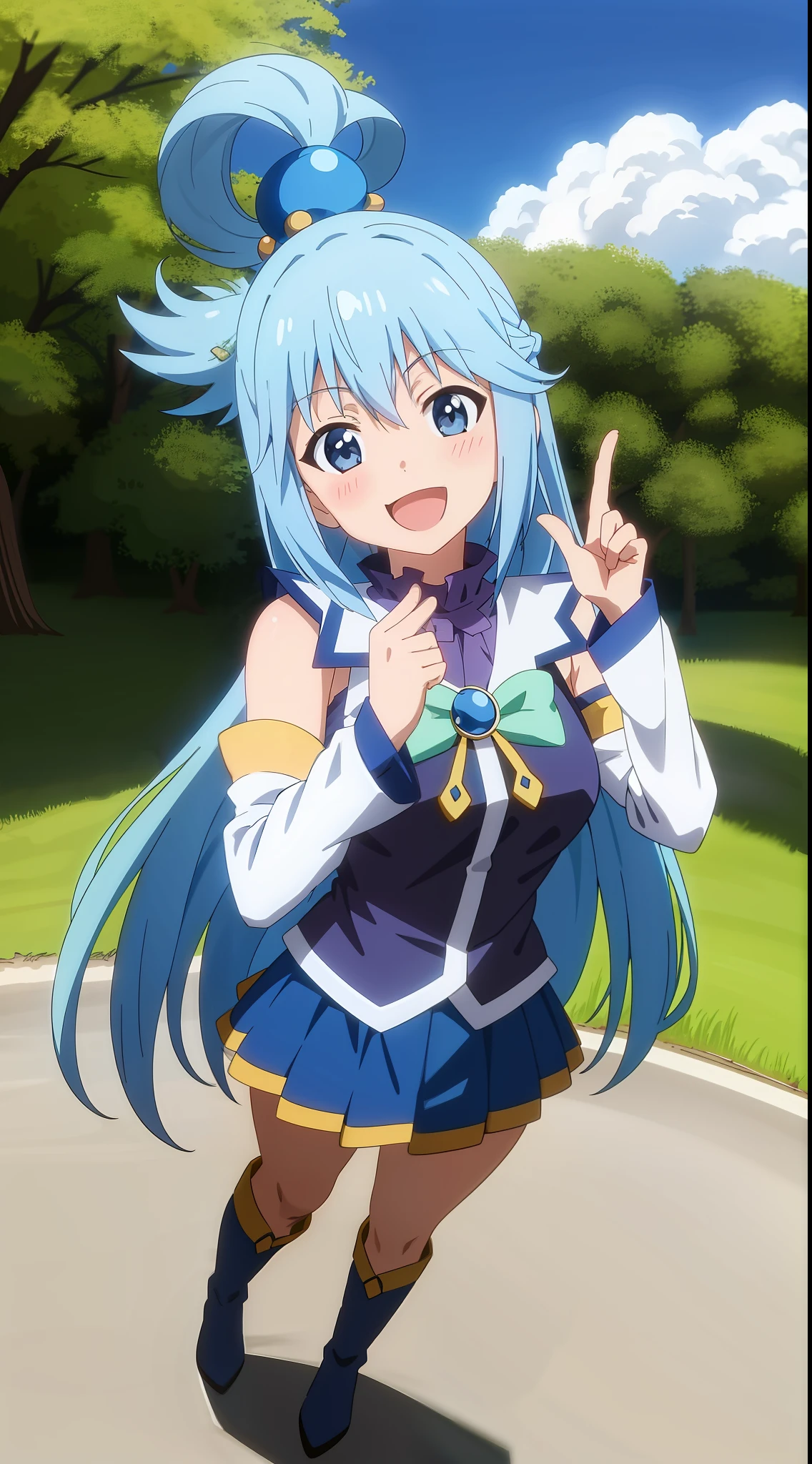 ,anime screenshot,anime coloring,
1girl, long hair, solo, open mouth, smile, full body, head tilt, blue hair, blue eyes, separate sleeves, high boots, outdoor, sun, trees, river, hair ornament, simple background, bare shoulders, single hair ring, green bow, facing the viewer, blue shirt,