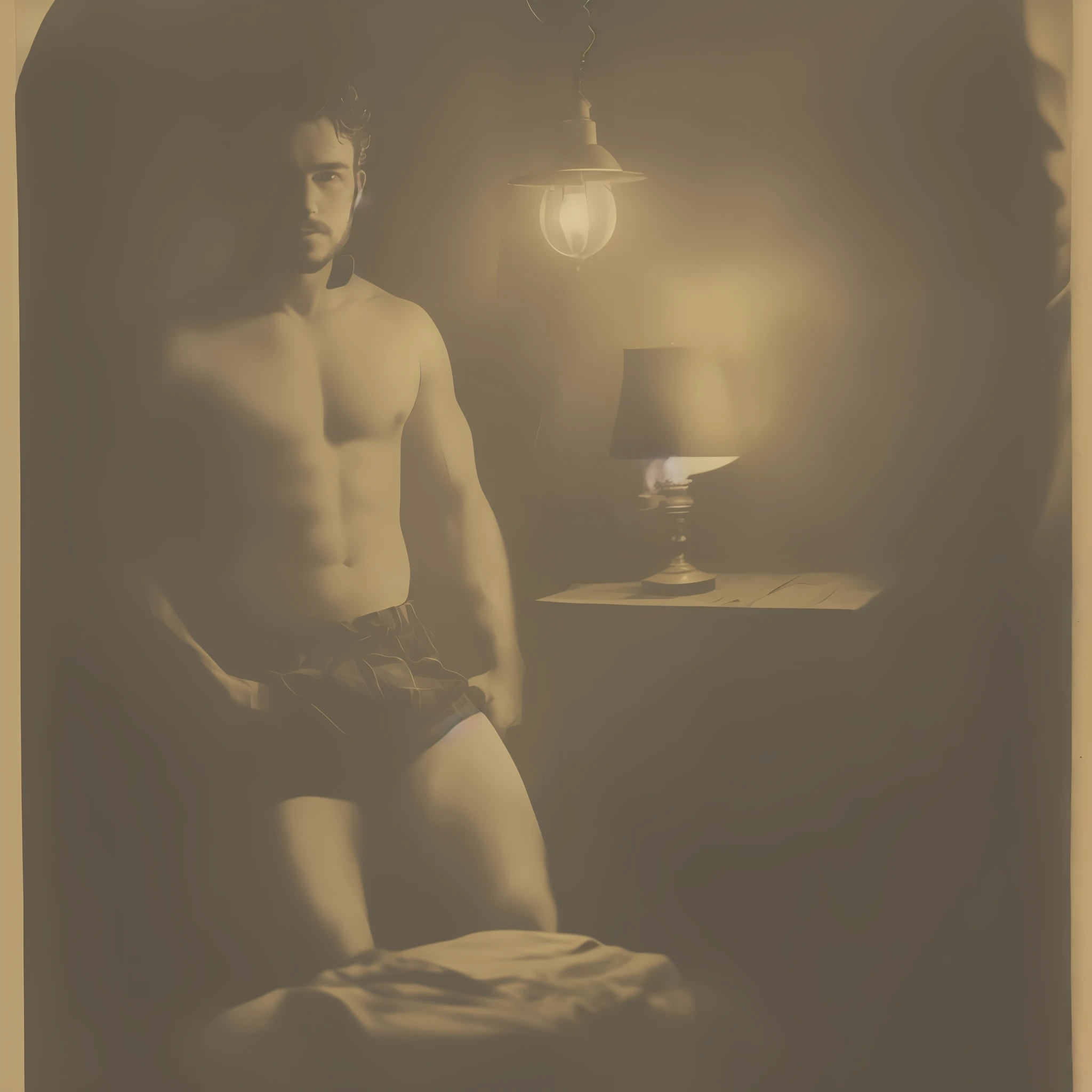 Full body photo of an extremely attractive man, inside his cabin at night. He's a handsome 25-year-old, like his body shaped by work as a lumberjack. It is illuminated by the light of a lamp, and behind it it is possible to see some objects of the hut. Homoerotic.