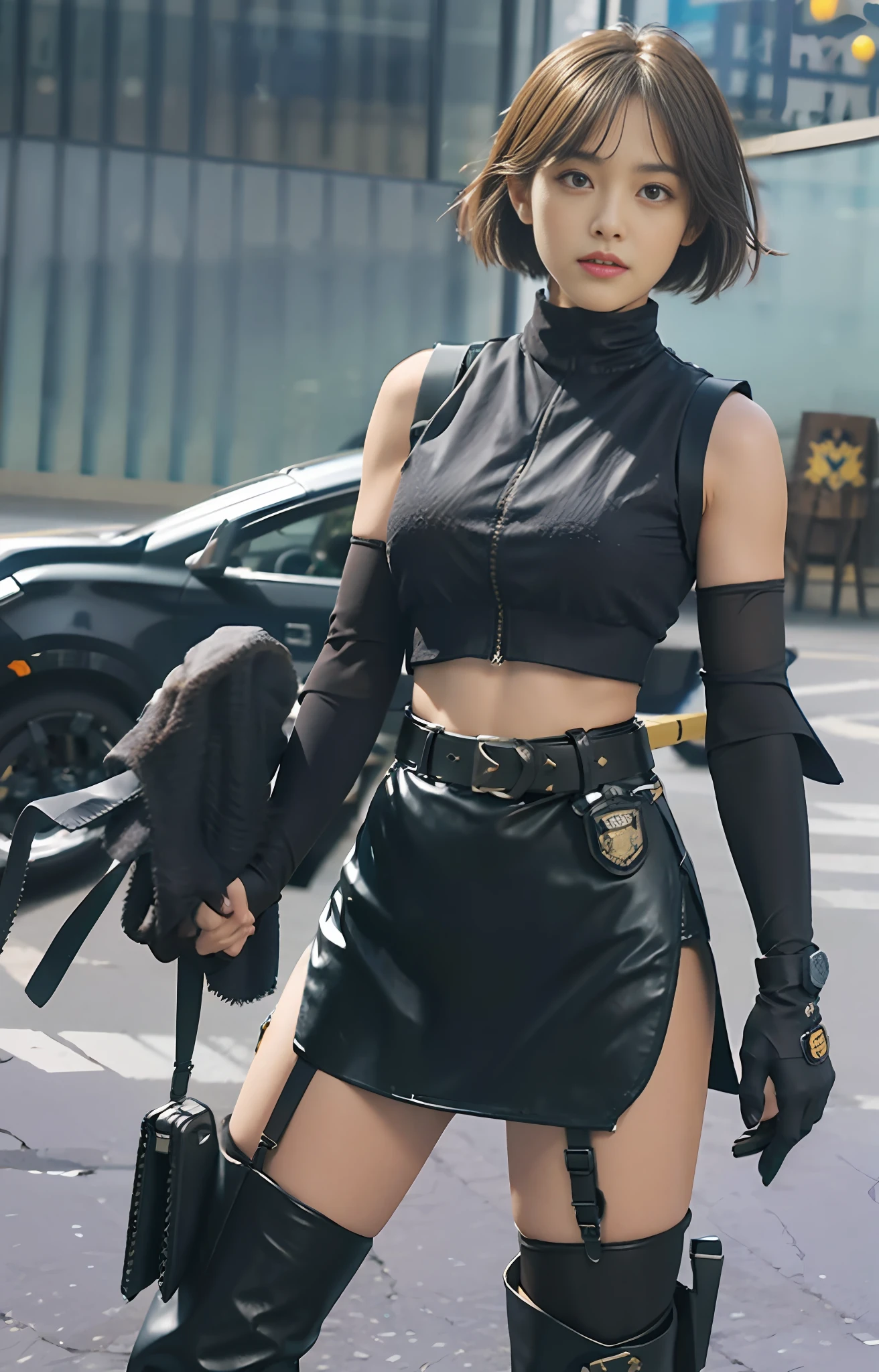 Official art, extremely detailed CG Unity 8k wallpaper, best quality, masterpiece, high resolution, beautiful girl criminal cop, short hair, black crop top vest, brown belt, pistol holster on thigh, body armor, tactical gloves, black minileather skirt, police uniform style, black long tube flat boots, police badge on chest, police car