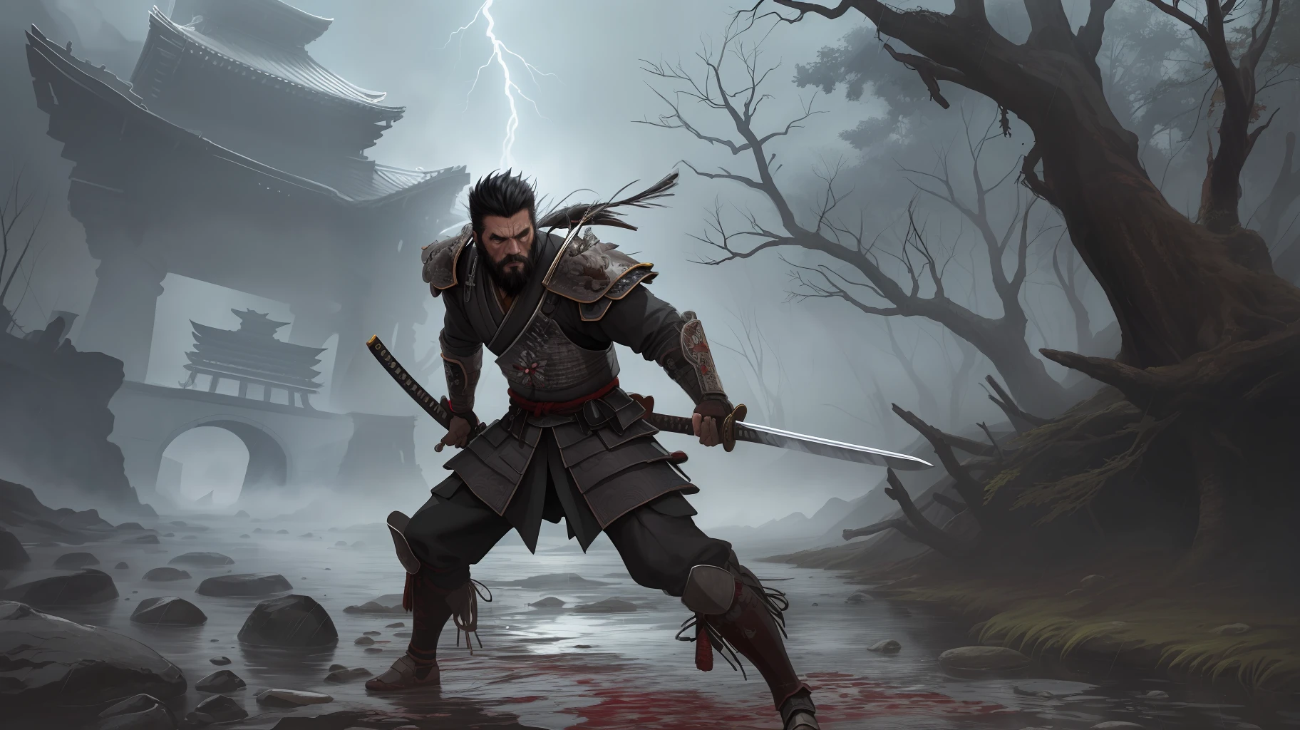 masterpiece, best quality, ultra-detailed, illustration, epic lighting, cinematic composition, man, samurai, warrior(mídia_tradicional,illustration:1.4),black hair and beard, black samurai armor, wielding katana, (olhos_detalhados), eyes of fury, lut pose, (hotify: 0.6), whole body, rain, lightning together, dead and dry tree in the background, rain of blood, looking at viewer, stone floor with buried sword,  bridge over a creek