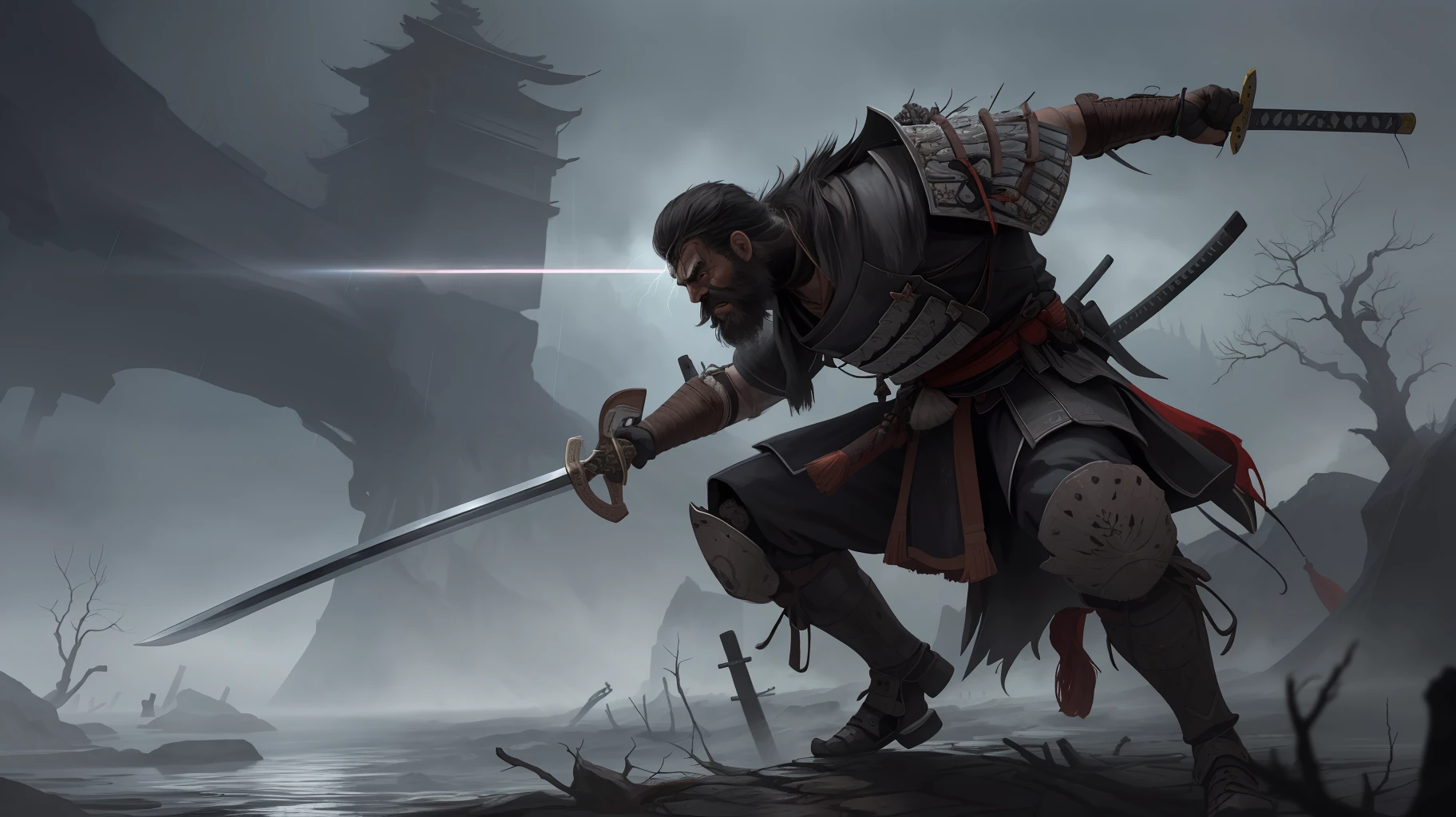 masterpiece, best quality, ultra-detailed, illustration, epic lighting, cinematic composition, man, samurai, warrior(mídia_tradicional,illustration:1.4),black hair and beard, black samurai armor, wielding katana, (olhos_detalhados), eyes of fury, lut pose, (hotify: 0.6), whole body, rain, lightning together, dead and dry tree in the background, rain of blood, looking at viewer, stone floor with buried sword, bridge over a creek