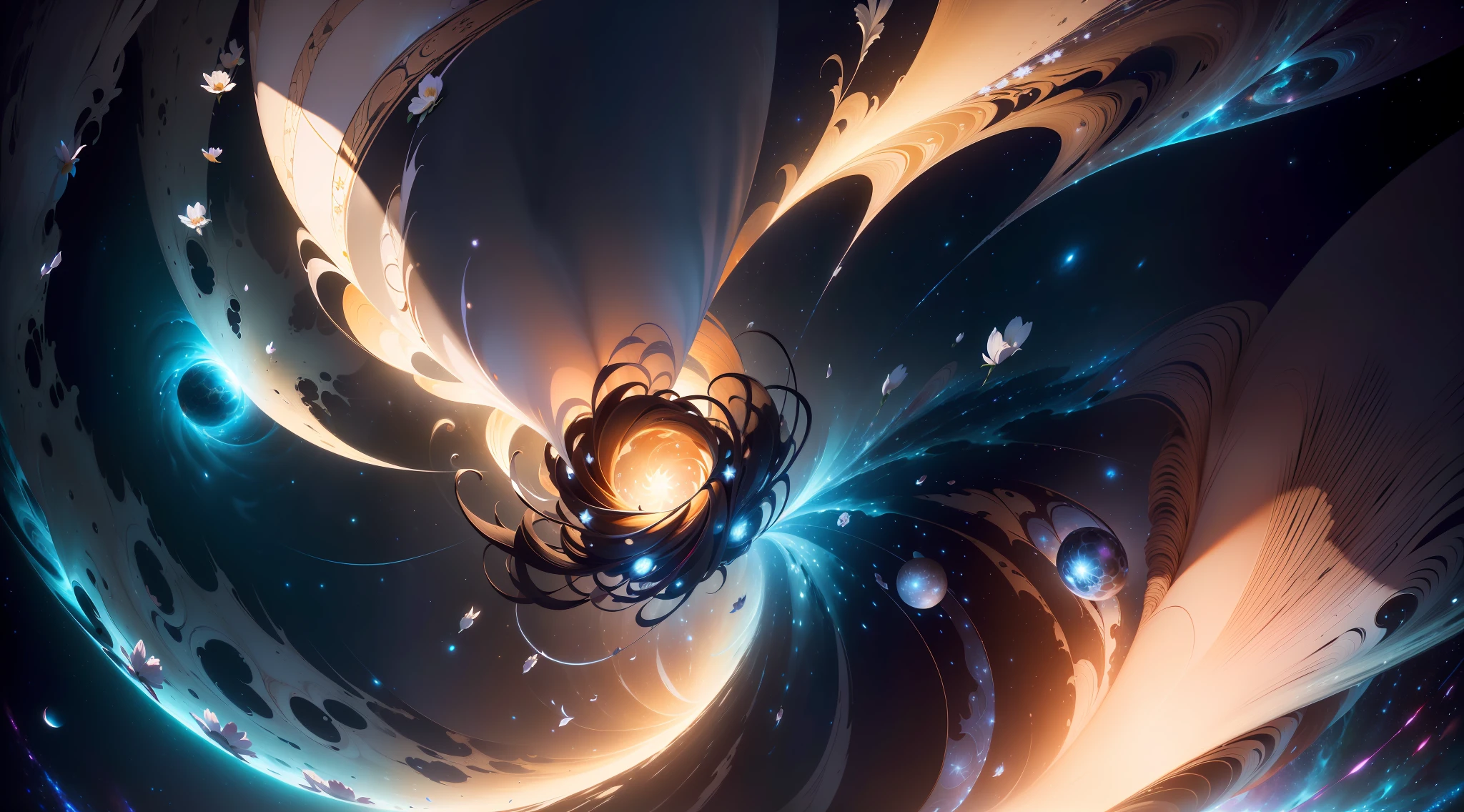 ((REAL))), ((MASTER))), ((BEST QUALITY)), ULTRA-DETAILED CG Unity 8k wallpapers, incredibly detailed and beautiful illustrations, floating, high resolution, dynamic, dark black background, stellar space, big white shining stars, colorful planets in the cosmic maelstrom, countless small petals fluttering, countless scattered petals, Many single petals